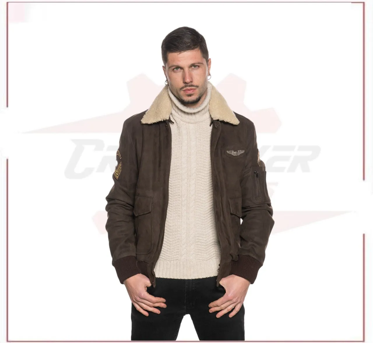 Men's Bomber Jacket in Genuine Dark Brown Nabuk Leather with Shearling Collar