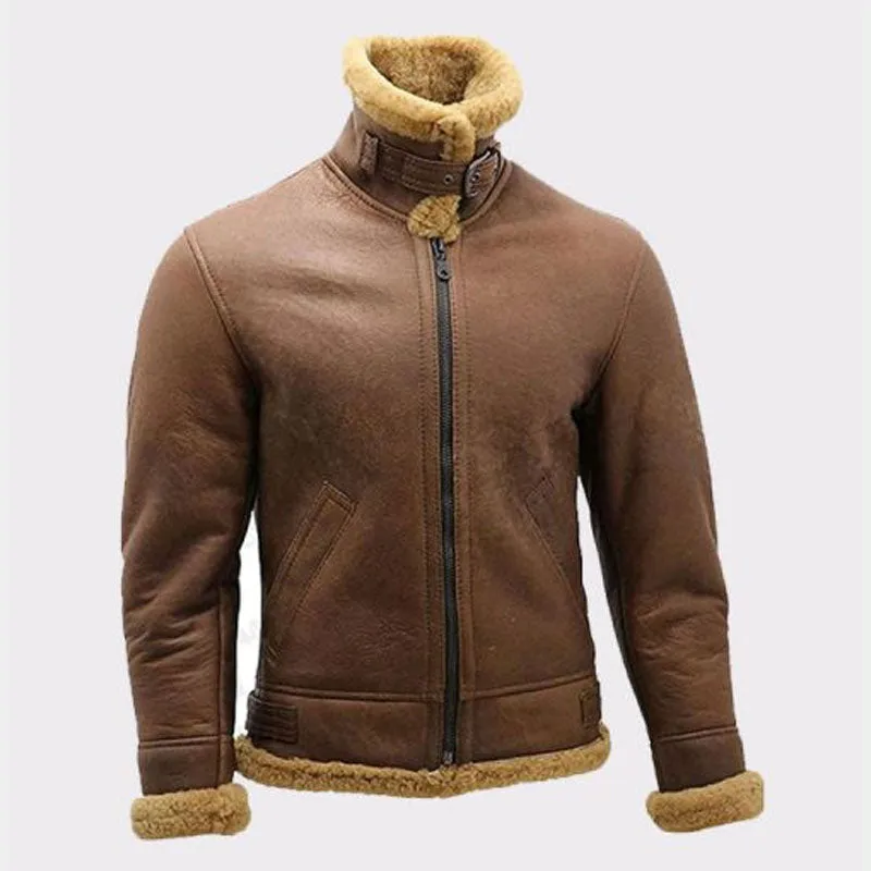 Men’s Brown B3 Sheepskin WW2 Shearling Leather Bomber Jacket