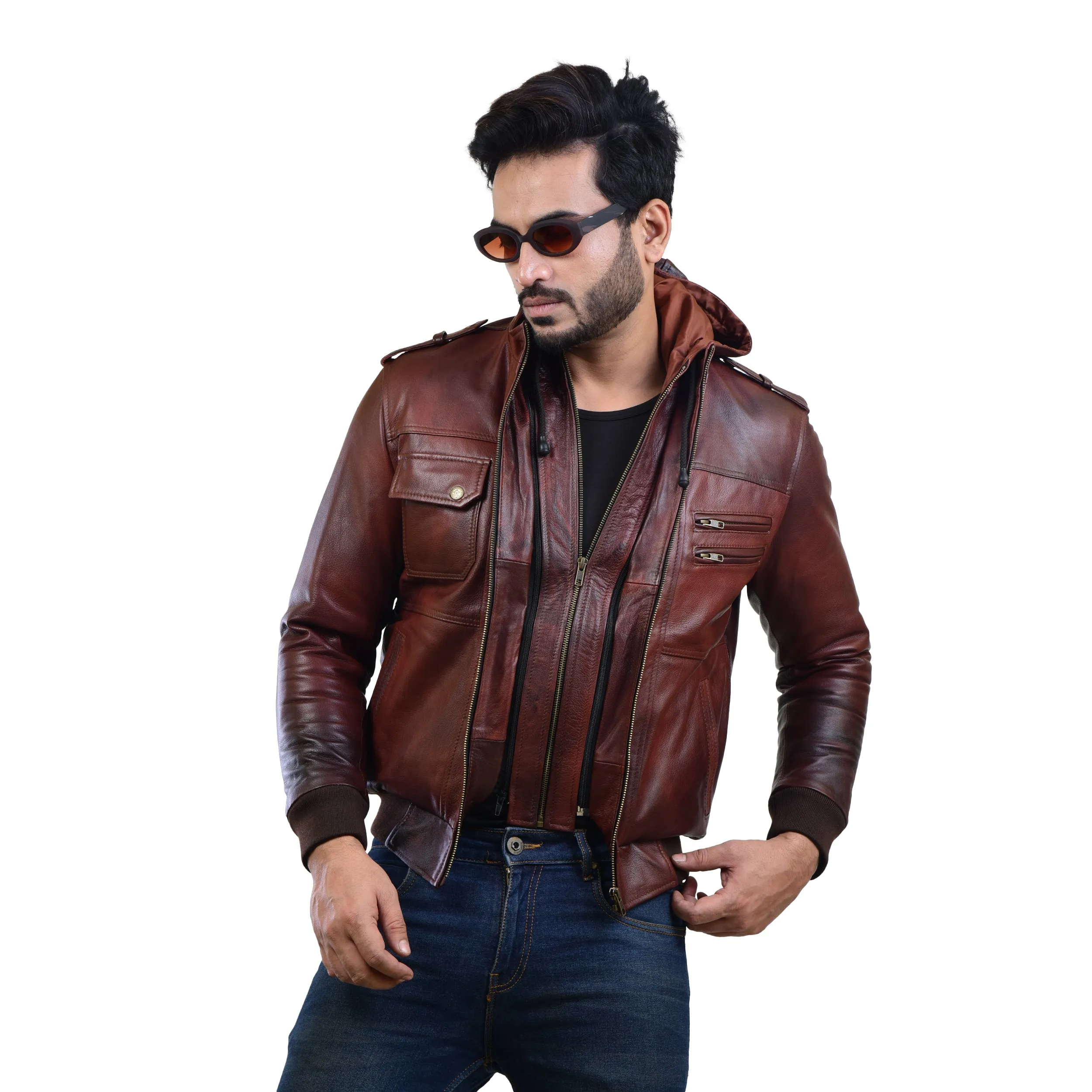 MENS LEATHER HOODED JACKET 410144(2 TONE)