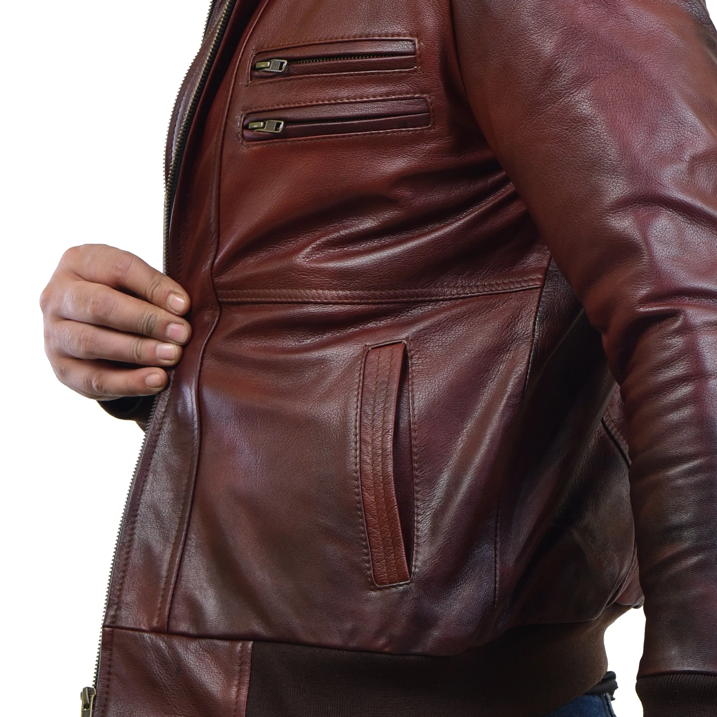 MENS LEATHER HOODED JACKET 410144(2 TONE)