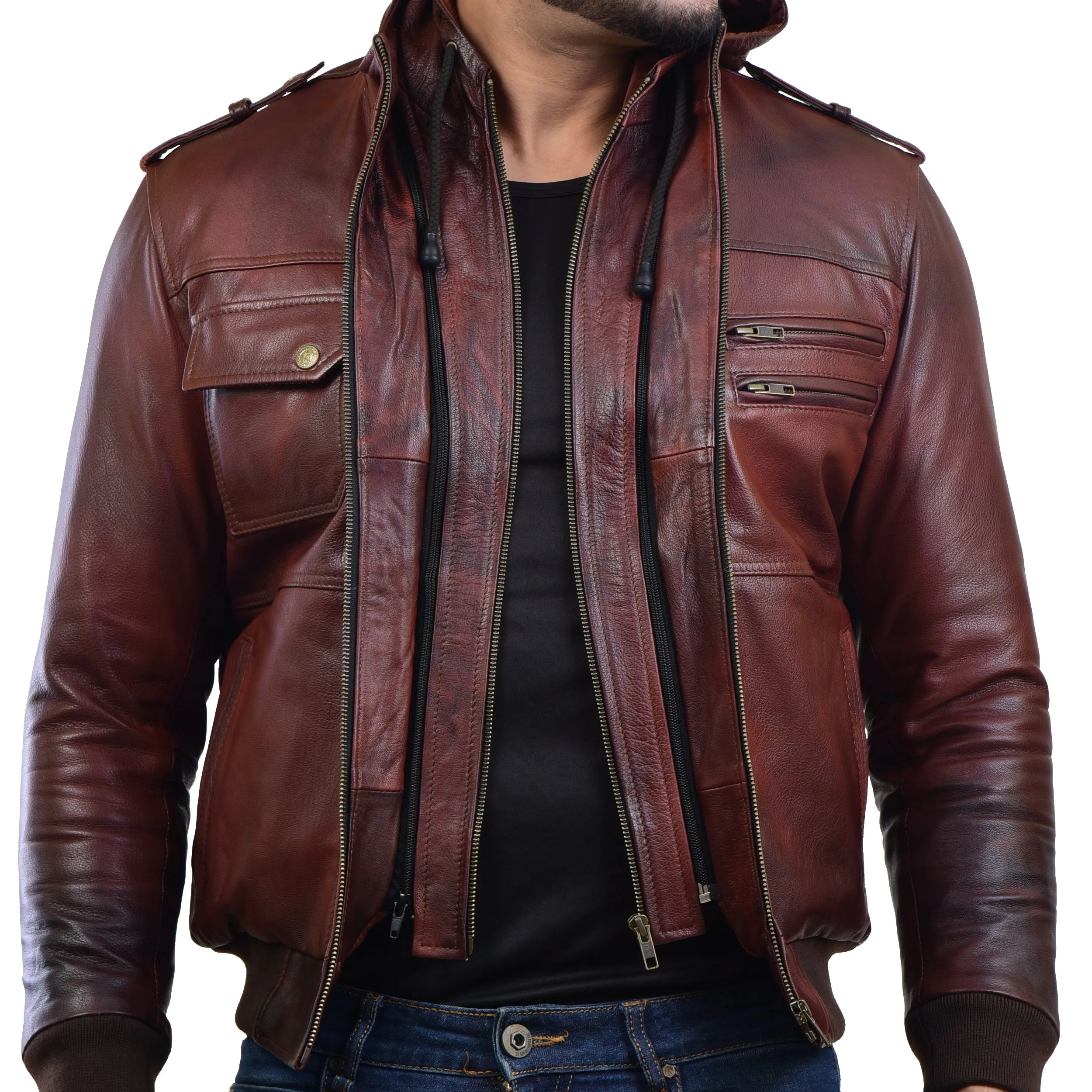 MENS LEATHER HOODED JACKET 410144(2 TONE)