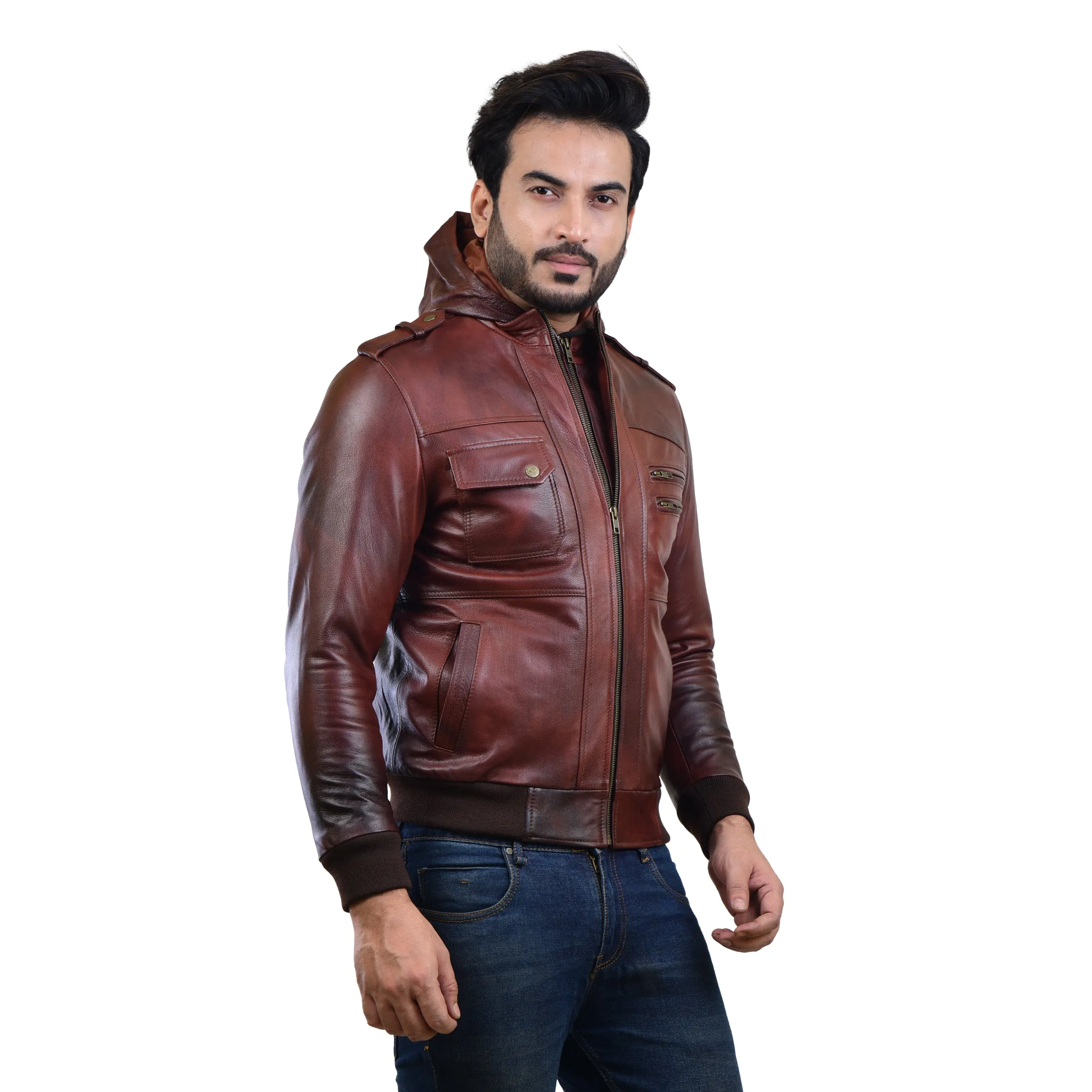 MENS LEATHER HOODED JACKET 410144(2 TONE)