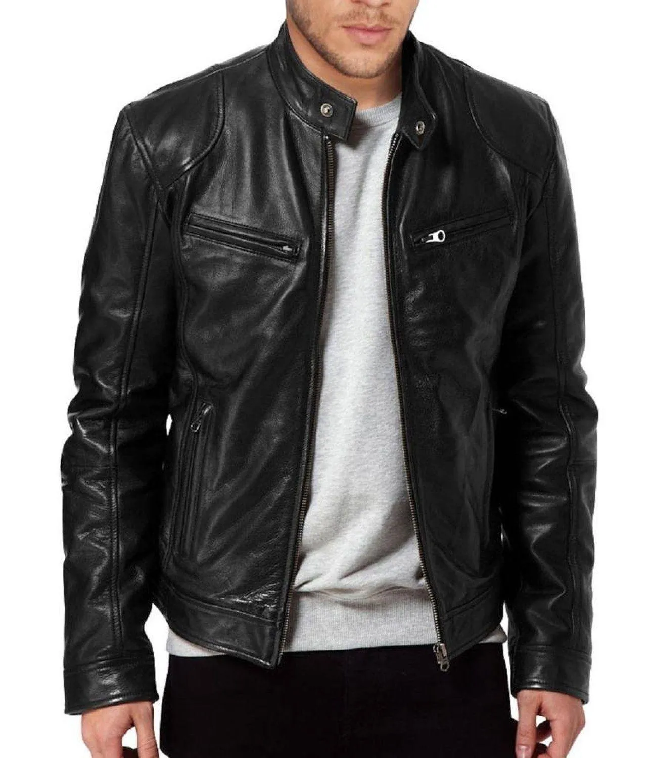 Men's SWORD Black Genuine Lambskin Leather Biker Jacket