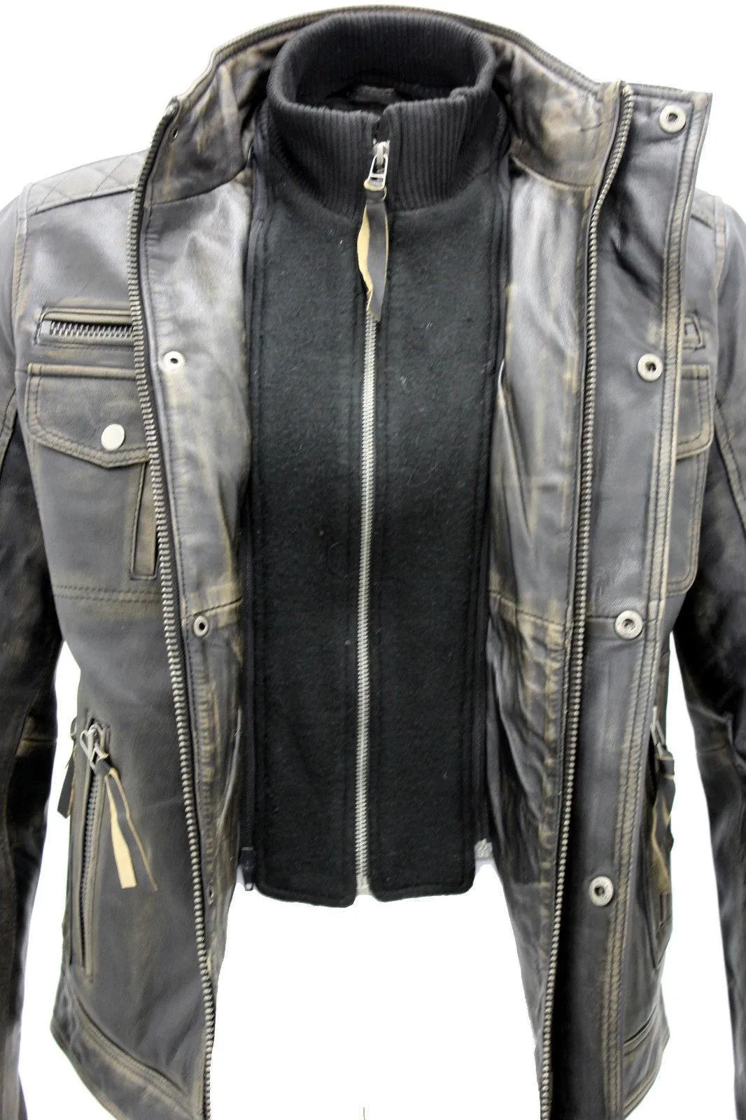 Mens Vintage Biker Style Motorcycle Cafe Racer Distressed Leather Jacket