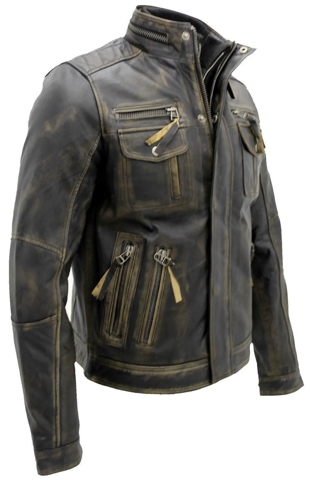 Mens Vintage Biker Style Motorcycle Cafe Racer Distressed Leather Jacket