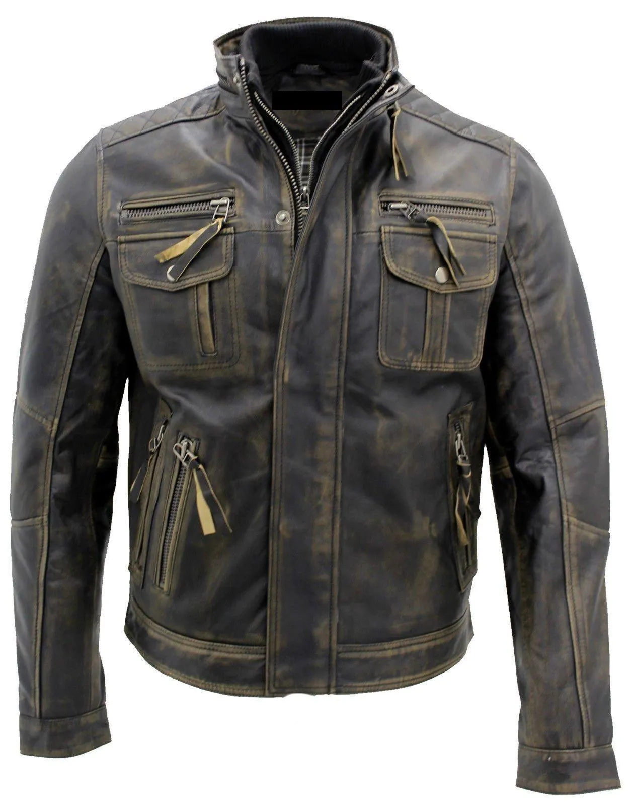 Mens Vintage Biker Style Motorcycle Cafe Racer Distressed Leather Jacket