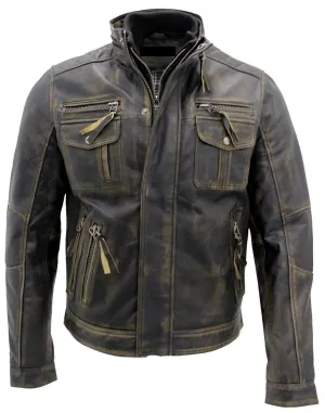 Mens Vintage Biker Style Motorcycle Cafe Racer Distressed Leather Jacket