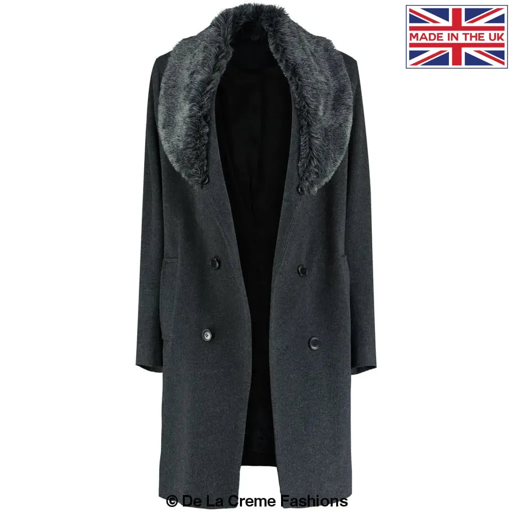 Mens Wool Mix Overcoat With Faux Fur Collar