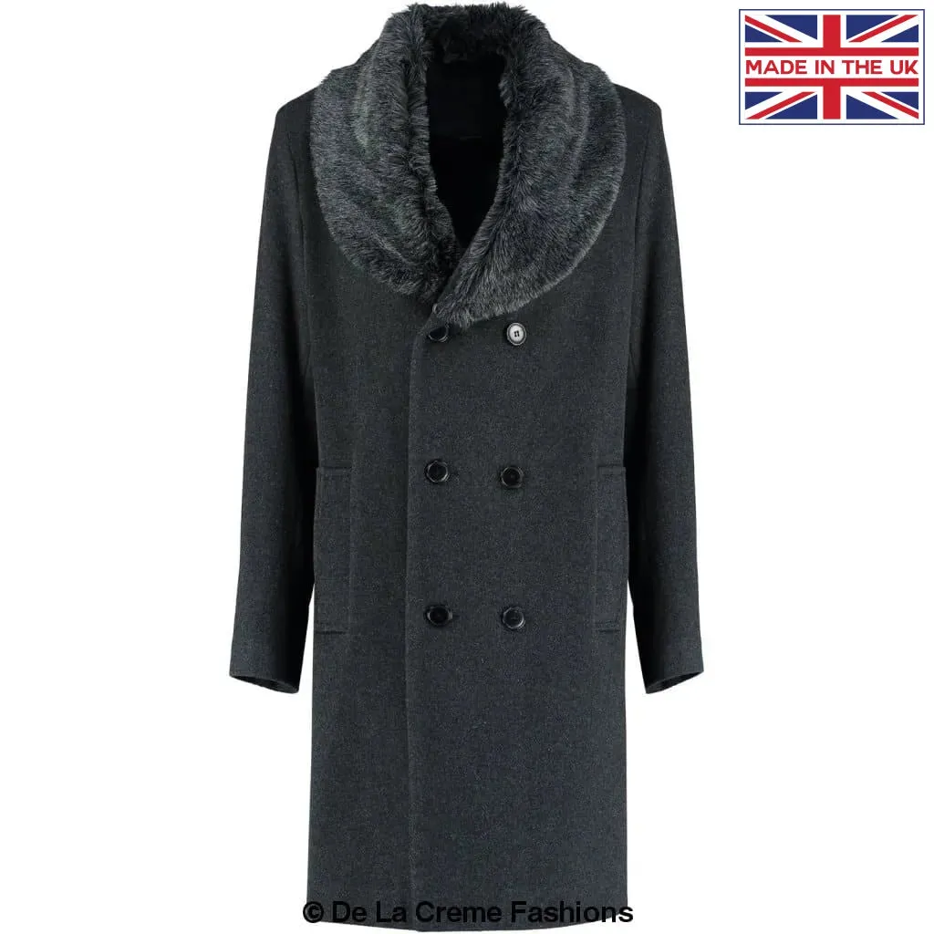 Mens Wool Mix Overcoat With Faux Fur Collar