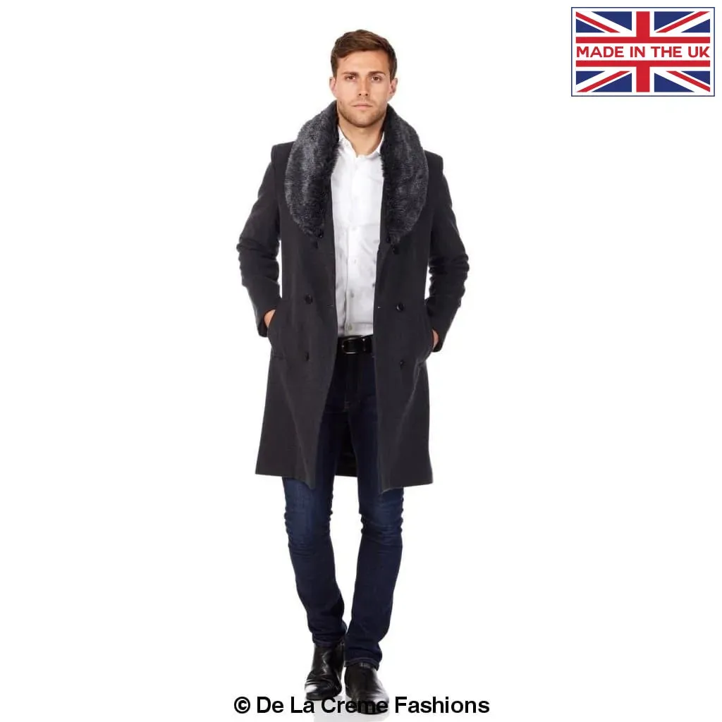 Mens Wool Mix Overcoat With Faux Fur Collar