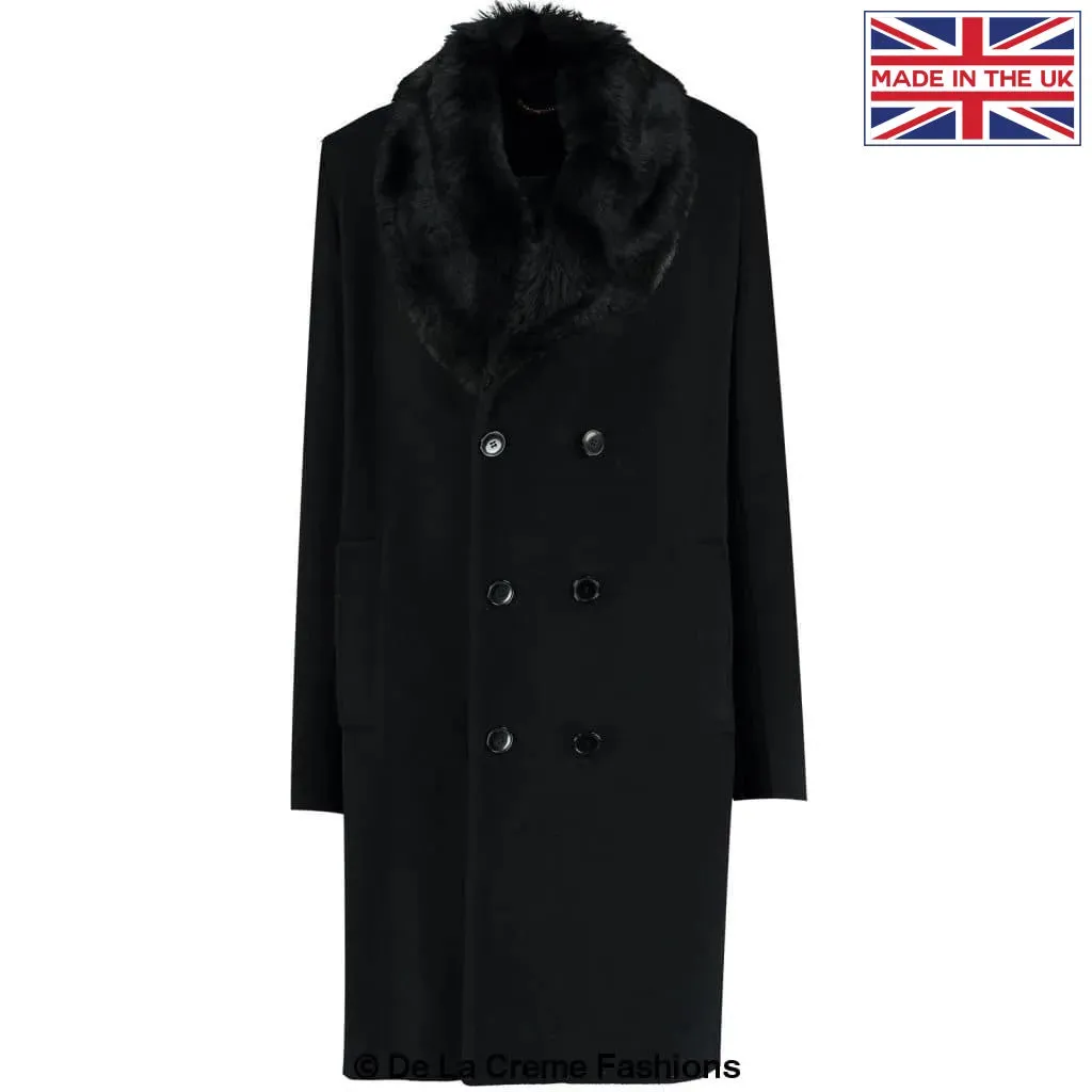 Mens Wool Mix Overcoat With Faux Fur Collar