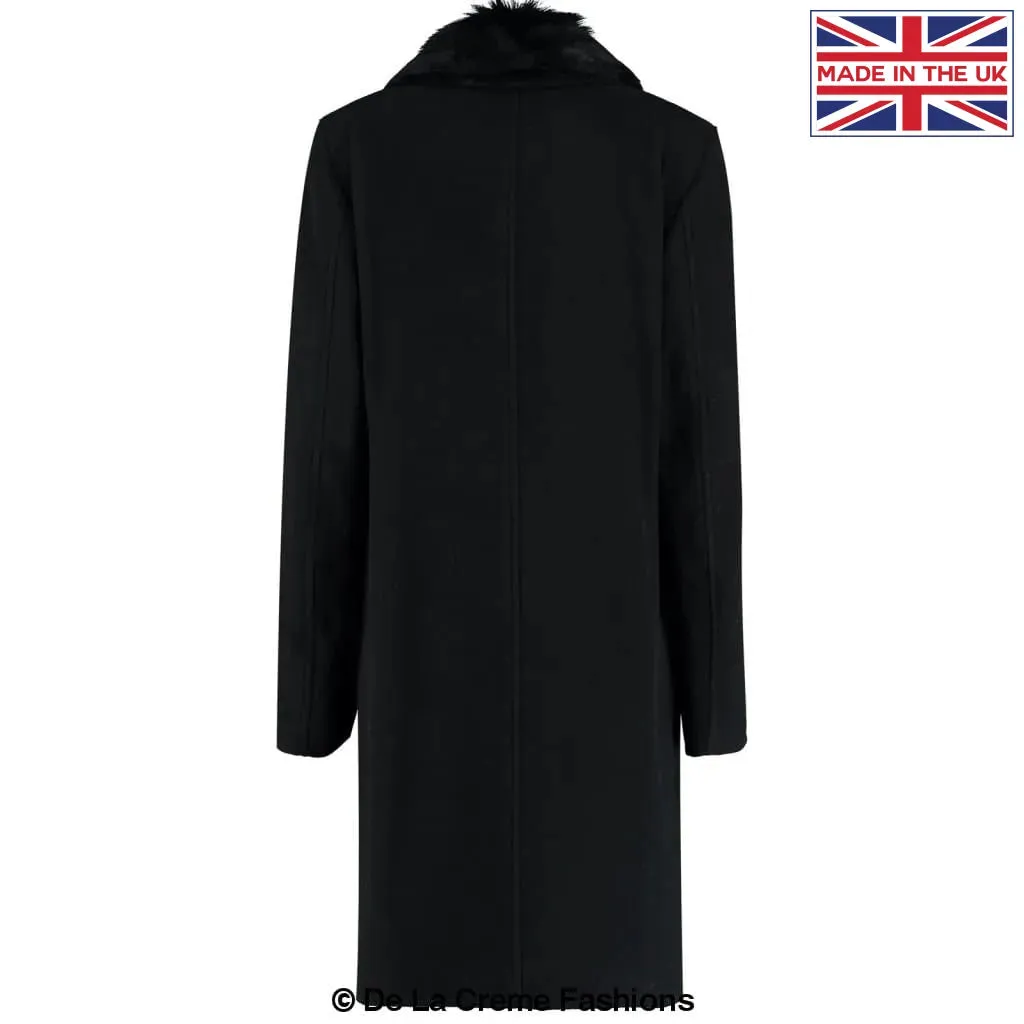 Mens Wool Mix Overcoat With Faux Fur Collar