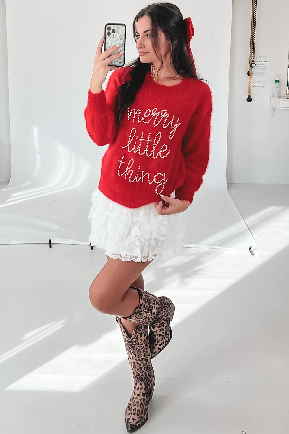 Merry Little Thing Pearl Beaded Red Christmas Sweater