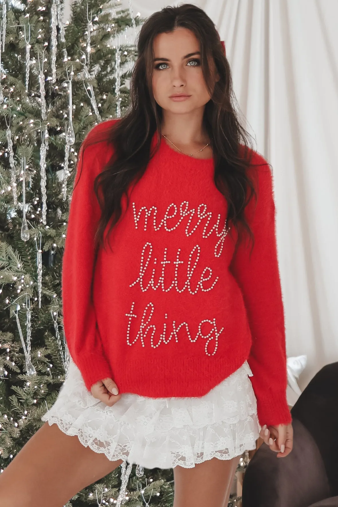 Merry Little Thing Pearl Beaded Red Christmas Sweater