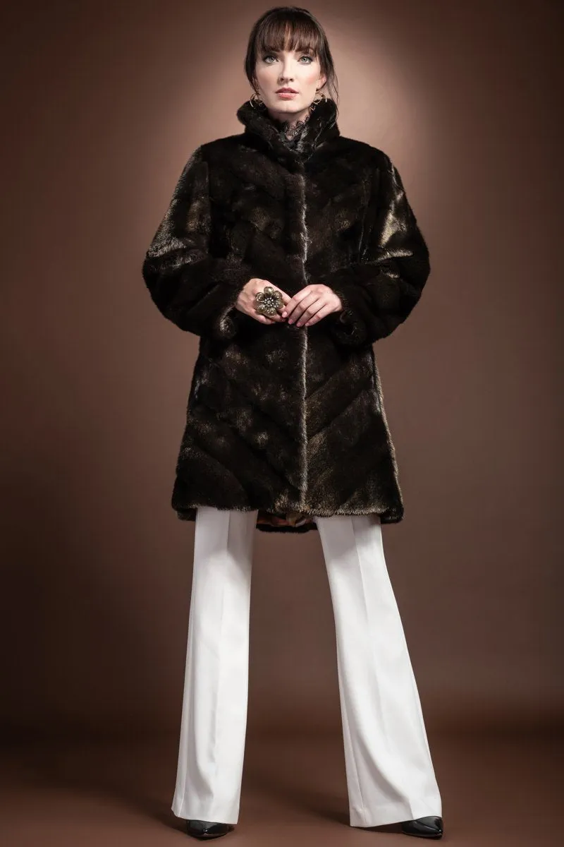 Metallic Gold V-Shape Mink Mid-Length Fur Coat