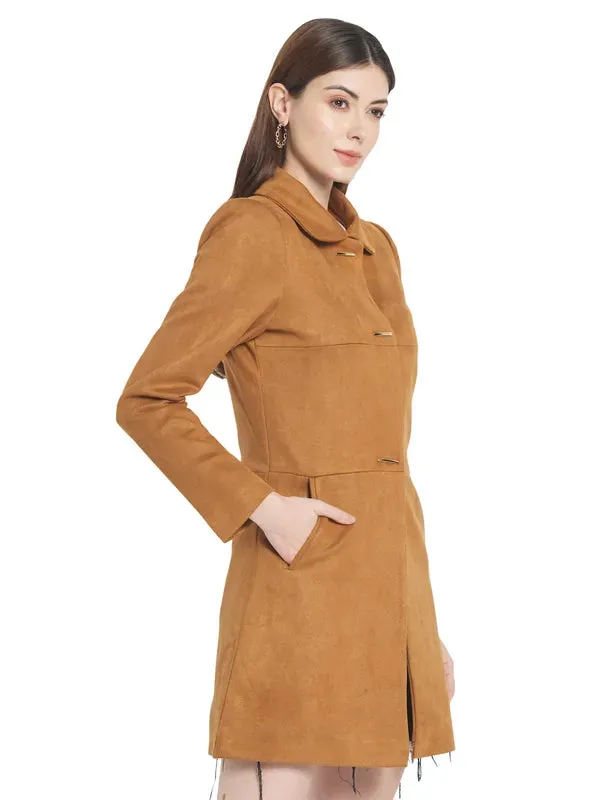 Mettle Women Brown Solid Cotton Overcoat