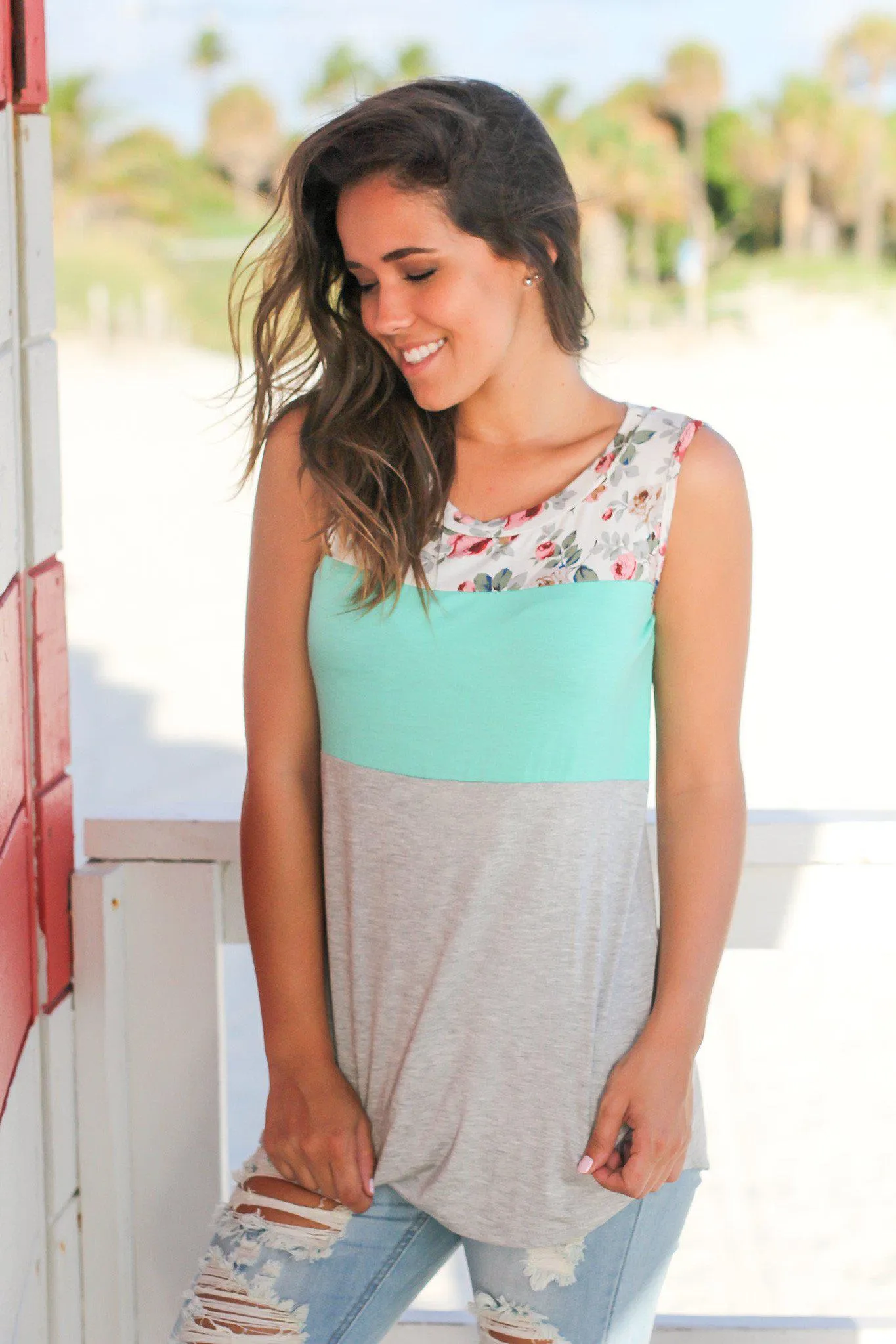 Mint and Gray Floral Tank Top