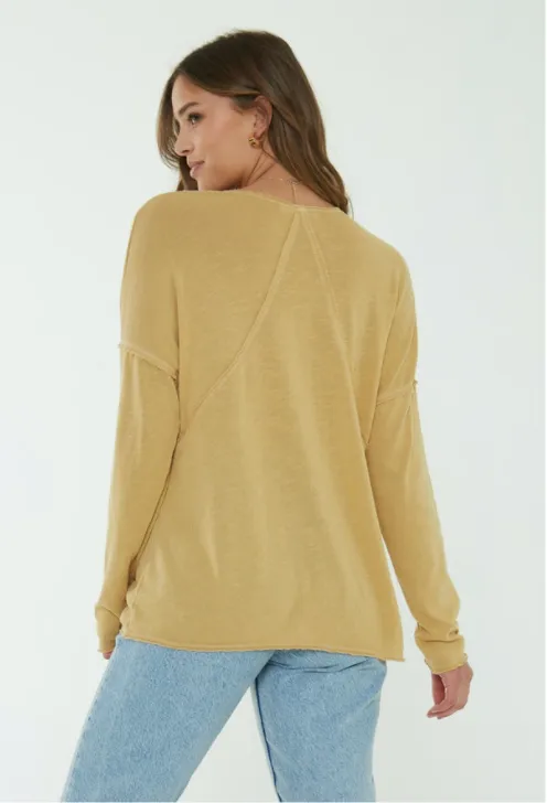 Mustard Yellow Textured Seamed Long Sleeve Top