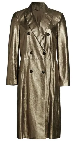 New $9995 Brunello Cucinelli Women Metallic Leather Overcoat Brown Gold 6/40 It