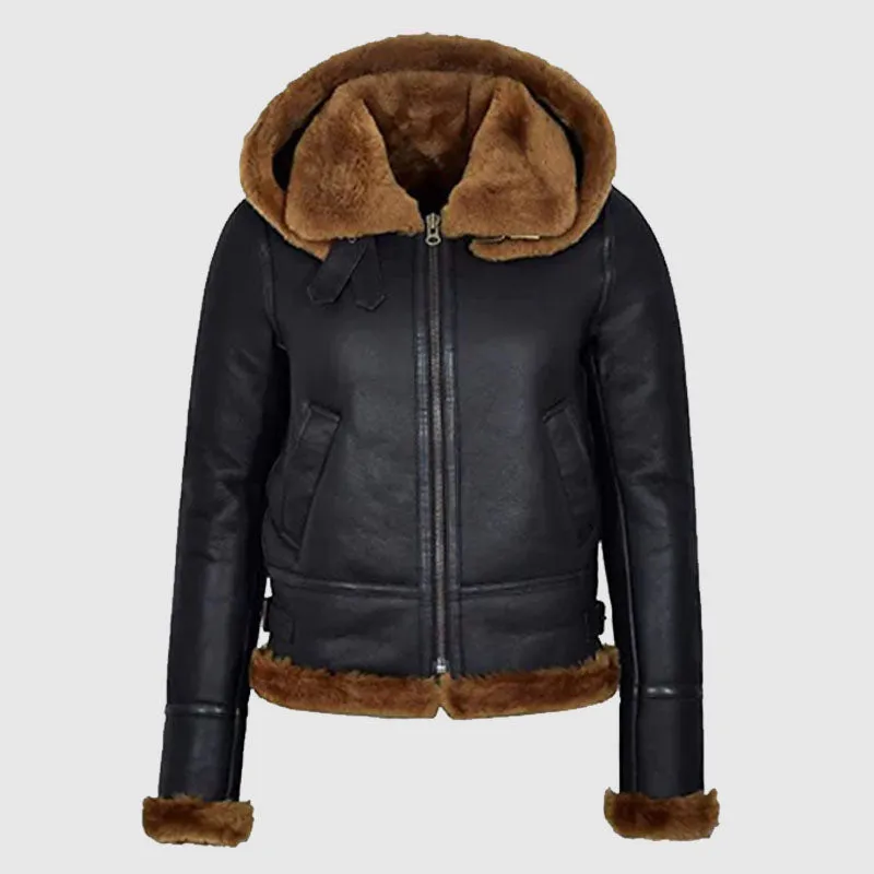 New Style Women Black Hooded B3 Flying Shearling Leather Jacket