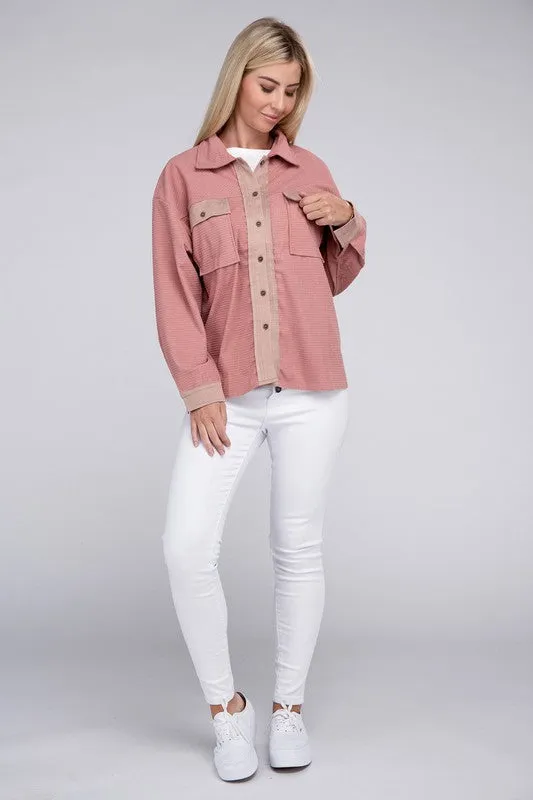 NUVI APPAREL Two-Tone Pink Flap Pocket Shacket