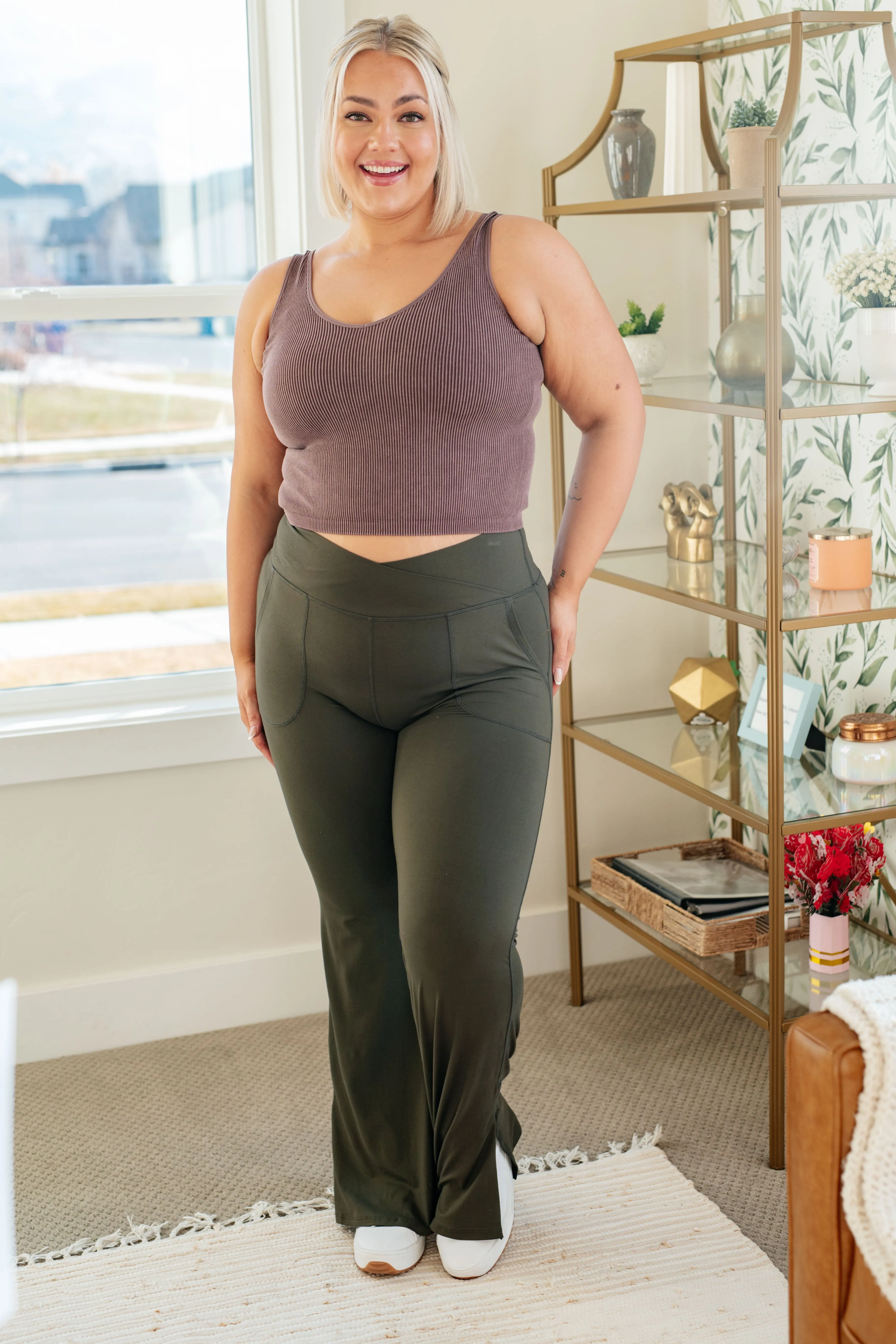 On the Move V Front Flare Leggings in Olive - Rae Mode