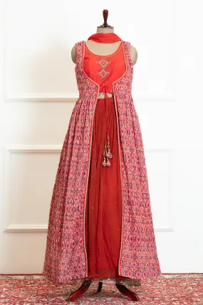 Orange with Brick Red Overcoat Style Chickankari and Thread work Anarkali Suit