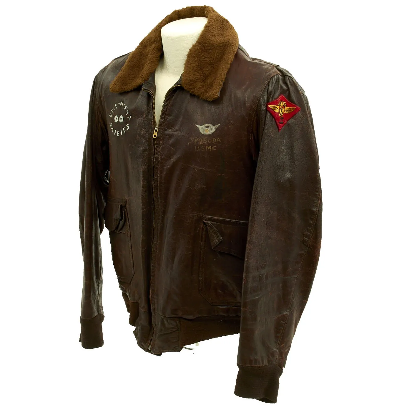 Original U.S. Korean War VMF-N-542 Bateyes Radio Operator Svoboda Painted G-1 Leather Flying Jacket