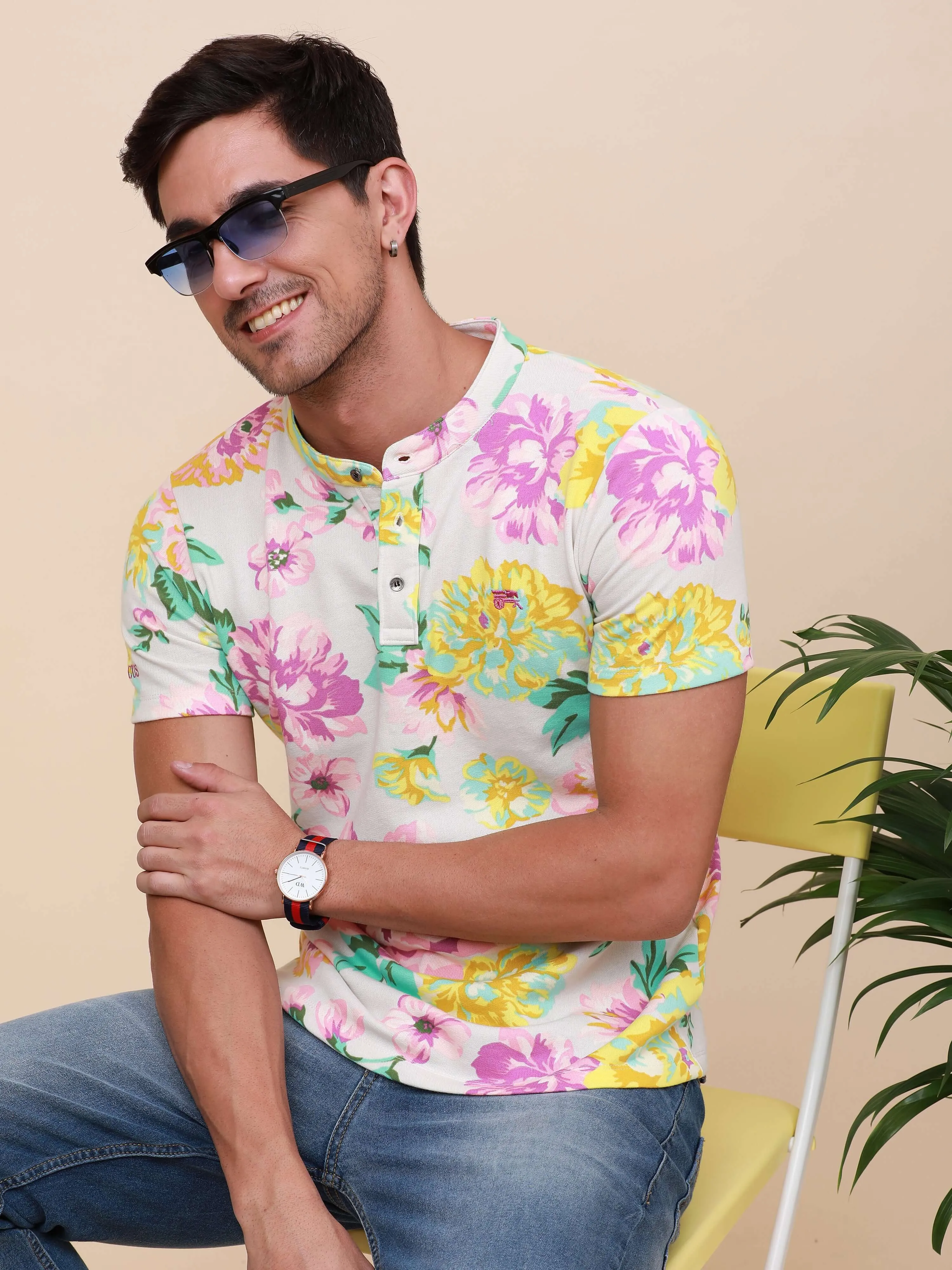 Paradise Tropical Multi-Color Henley T-shirt