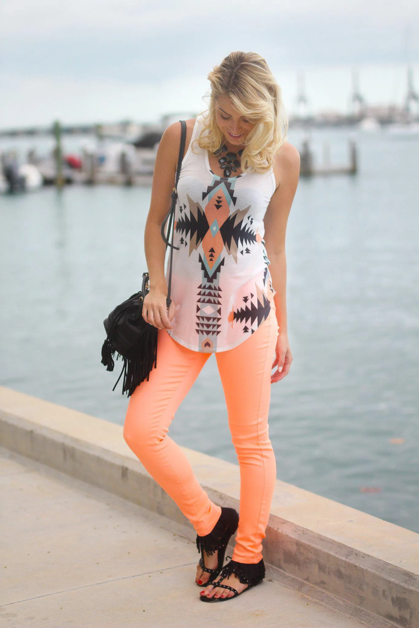 Peach Aztec Print Tank Top