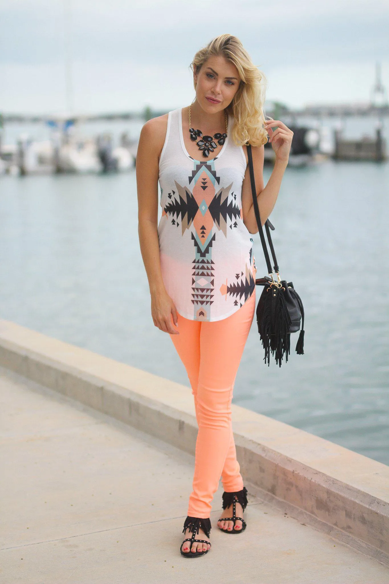 Peach Aztec Print Tank Top