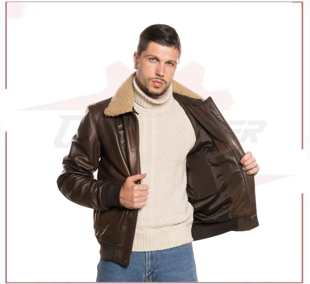 Pilota - Men's Bomber Jacket in Genuine Dark Brown Leather with Real Brown Shearling Collar