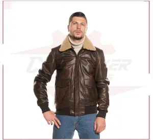 Pilota - Men's Bomber Jacket in Genuine Dark Brown Leather with Real Brown Shearling Collar