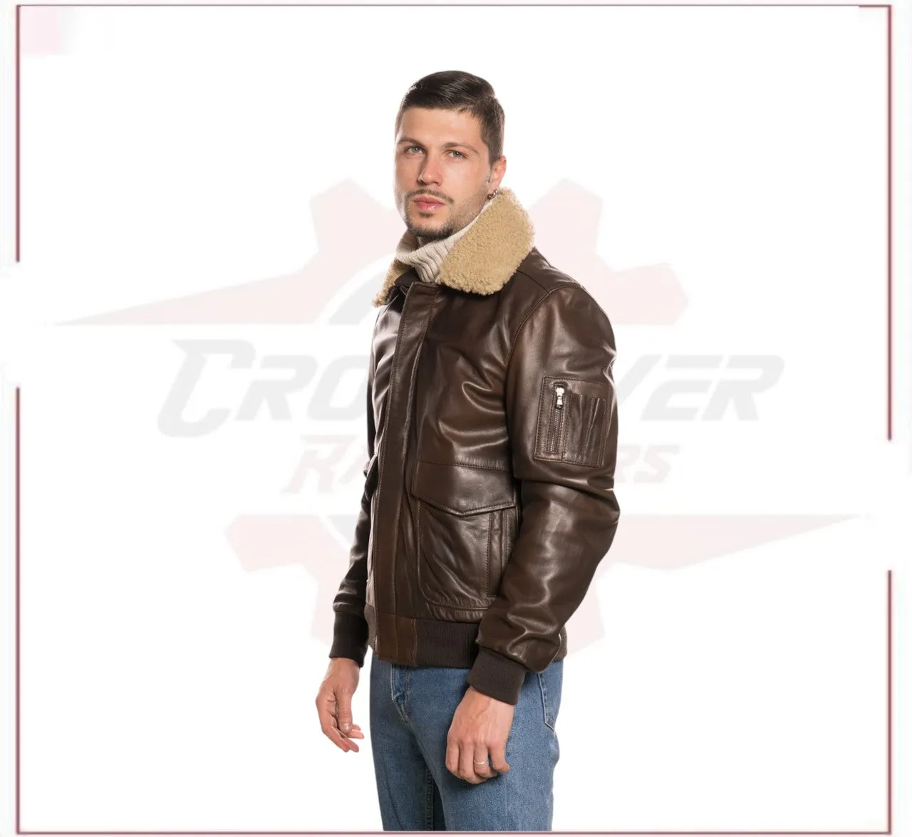 Pilota - Men's Bomber Jacket in Genuine Dark Brown Leather with Real Brown Shearling Collar