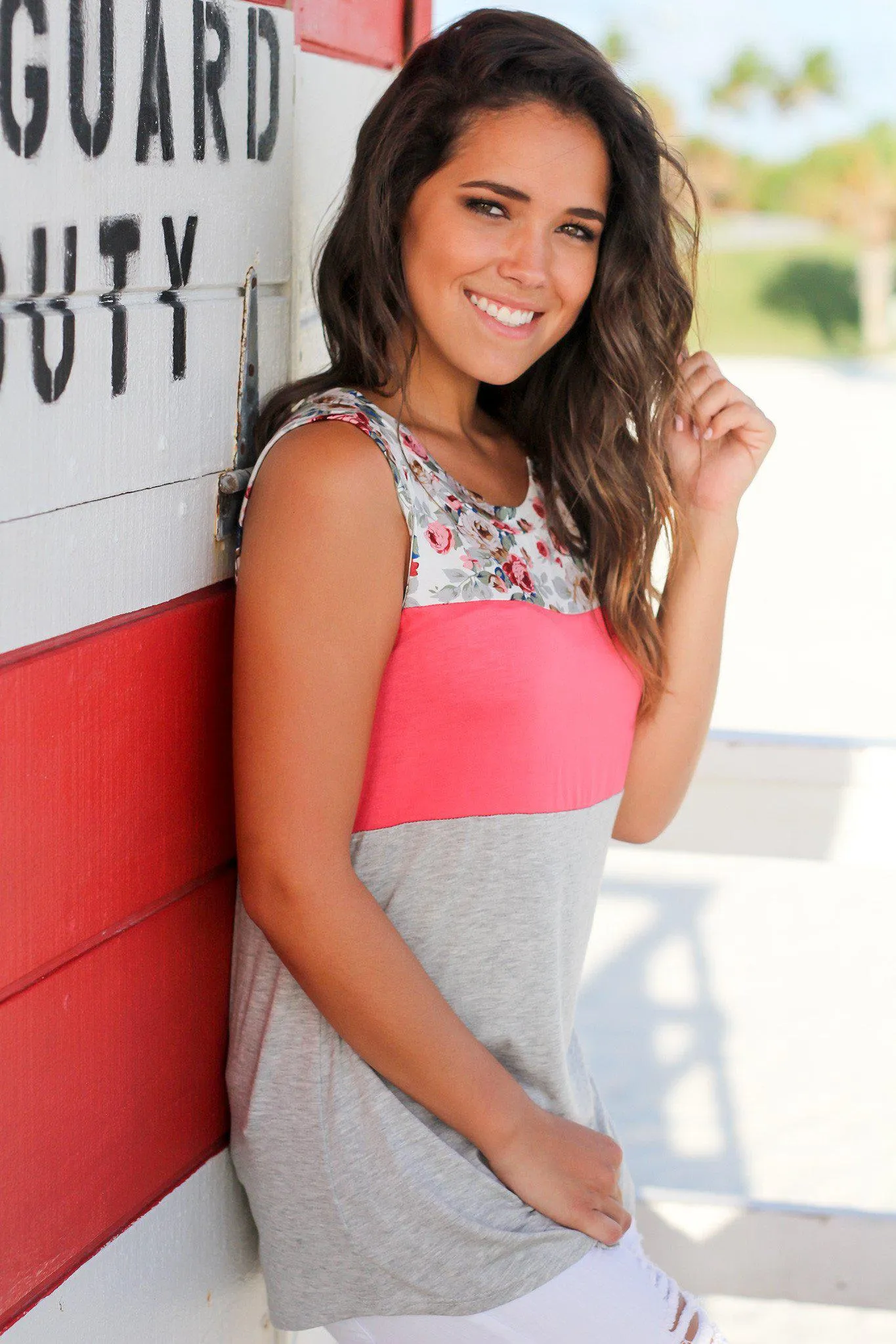 Pink and Gray Floral Tank Top