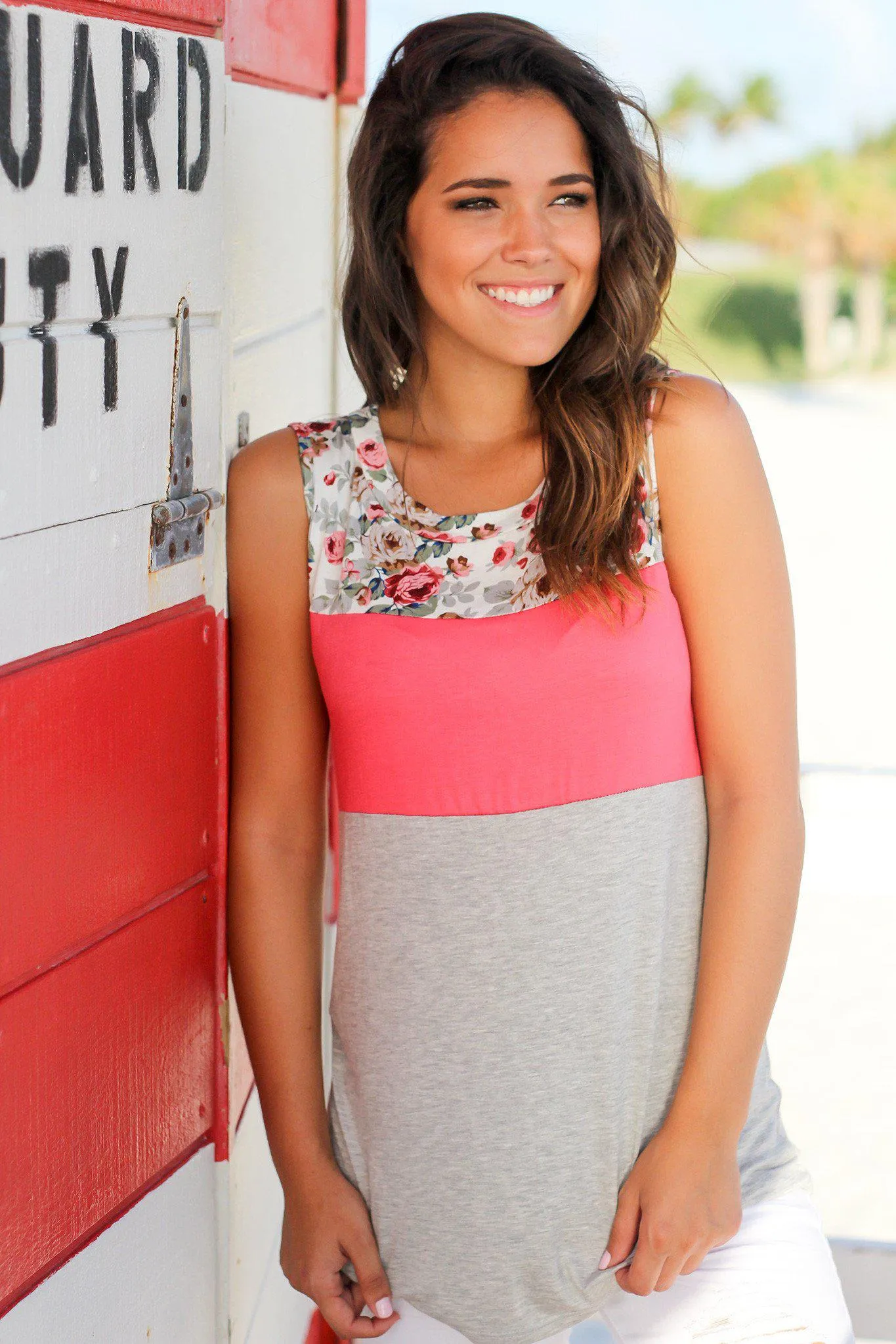 Pink and Gray Floral Tank Top