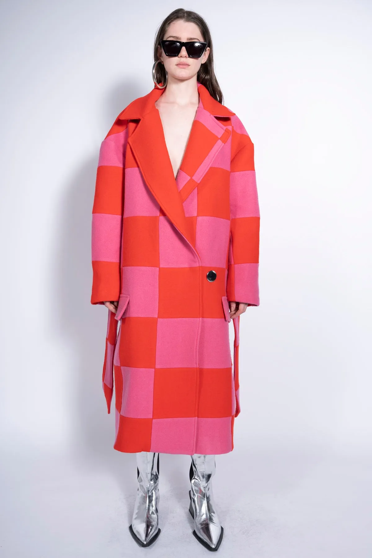 PINK AND RED CHECKED LONG COAT