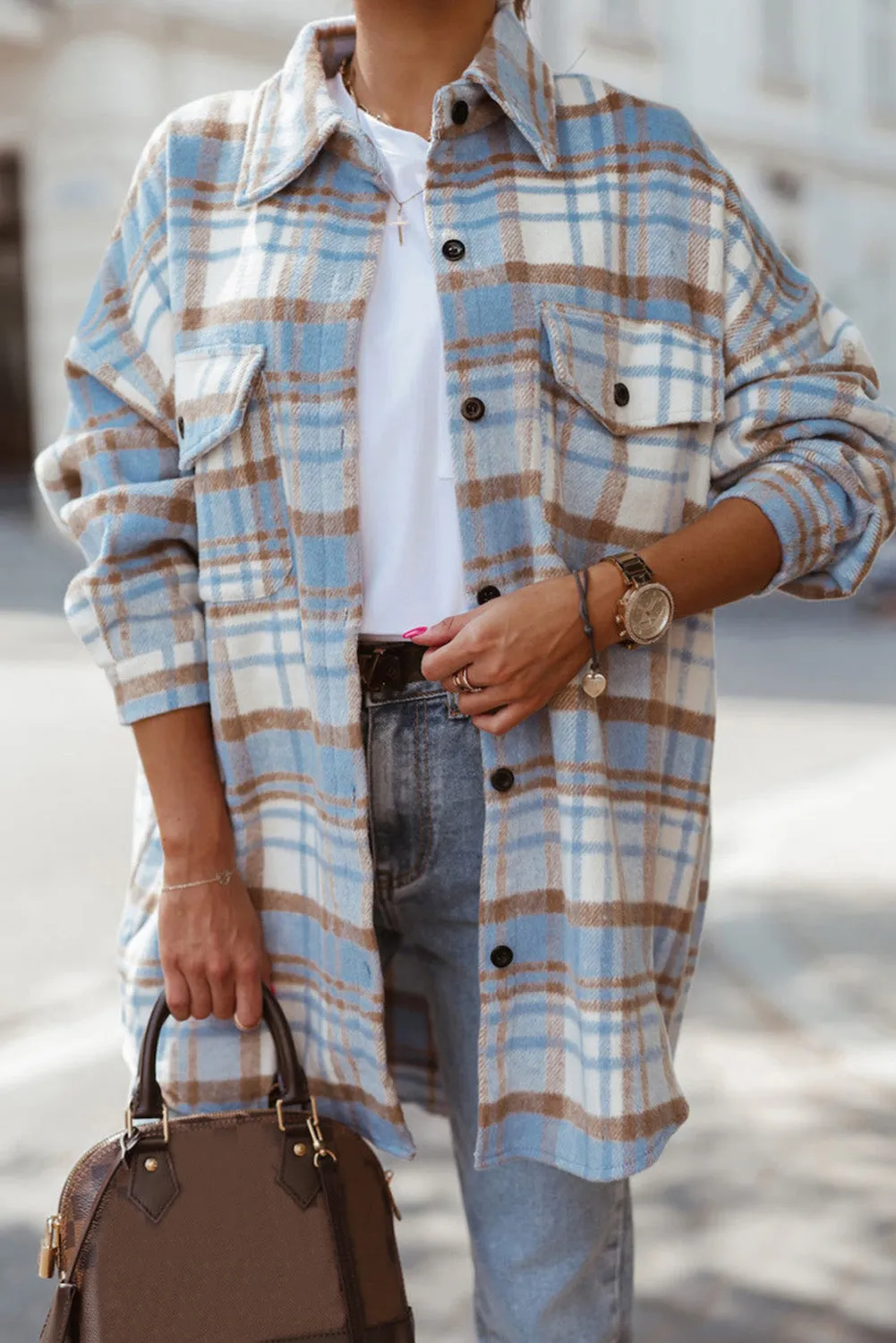 Plaid Flap Pocket Long Sleeve Shacket