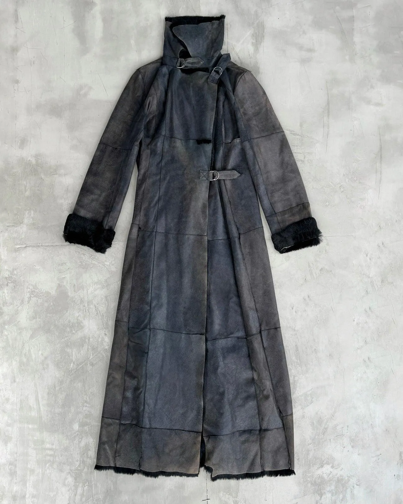 PLEIN SUD LEATHER & FUR FLOOR LENGTH BUCKLE COAT - M