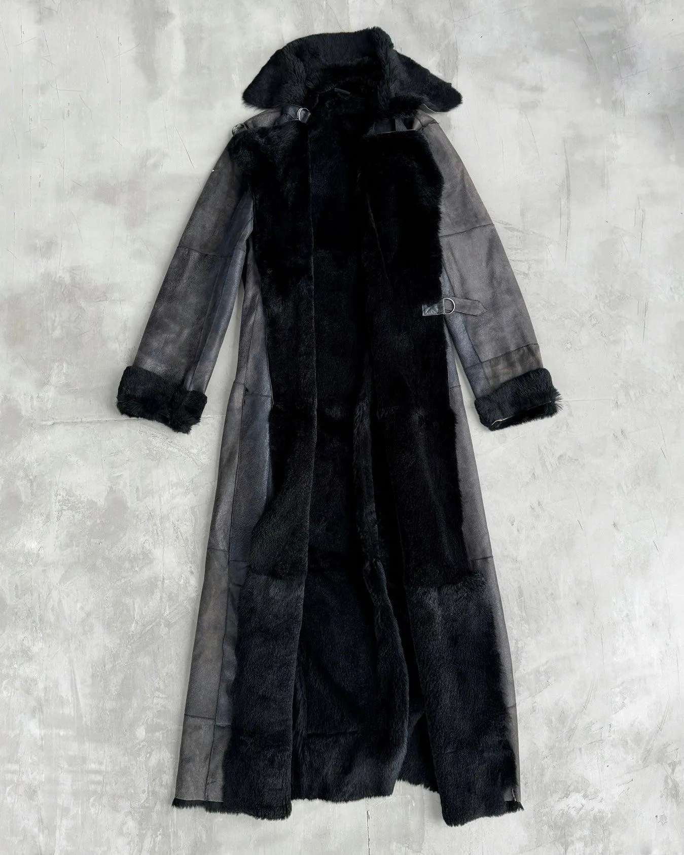 PLEIN SUD LEATHER & FUR FLOOR LENGTH BUCKLE COAT - M