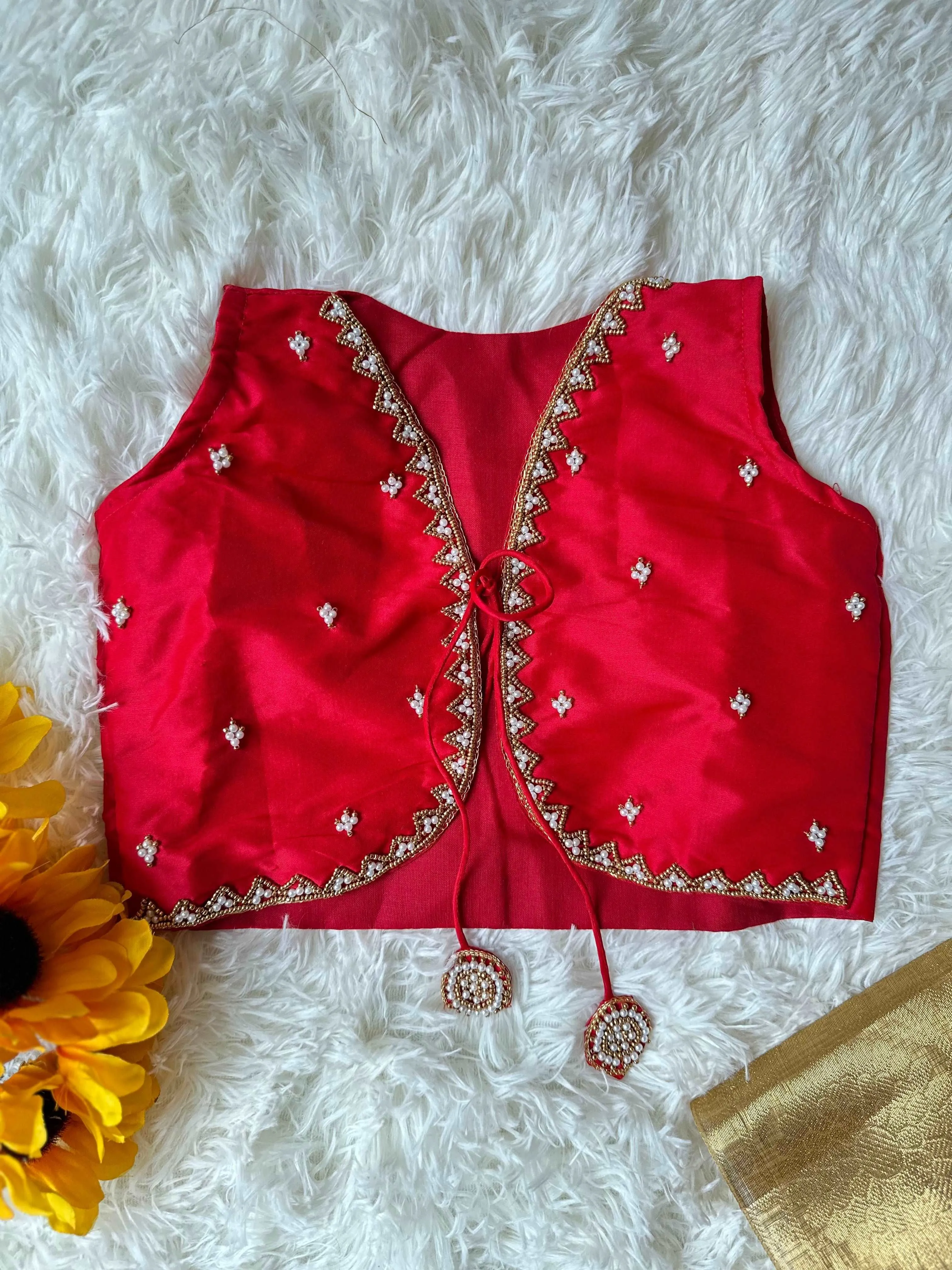 PRE ORDER : Red Elegance: Beadwork Yoke Frock with Overcoat