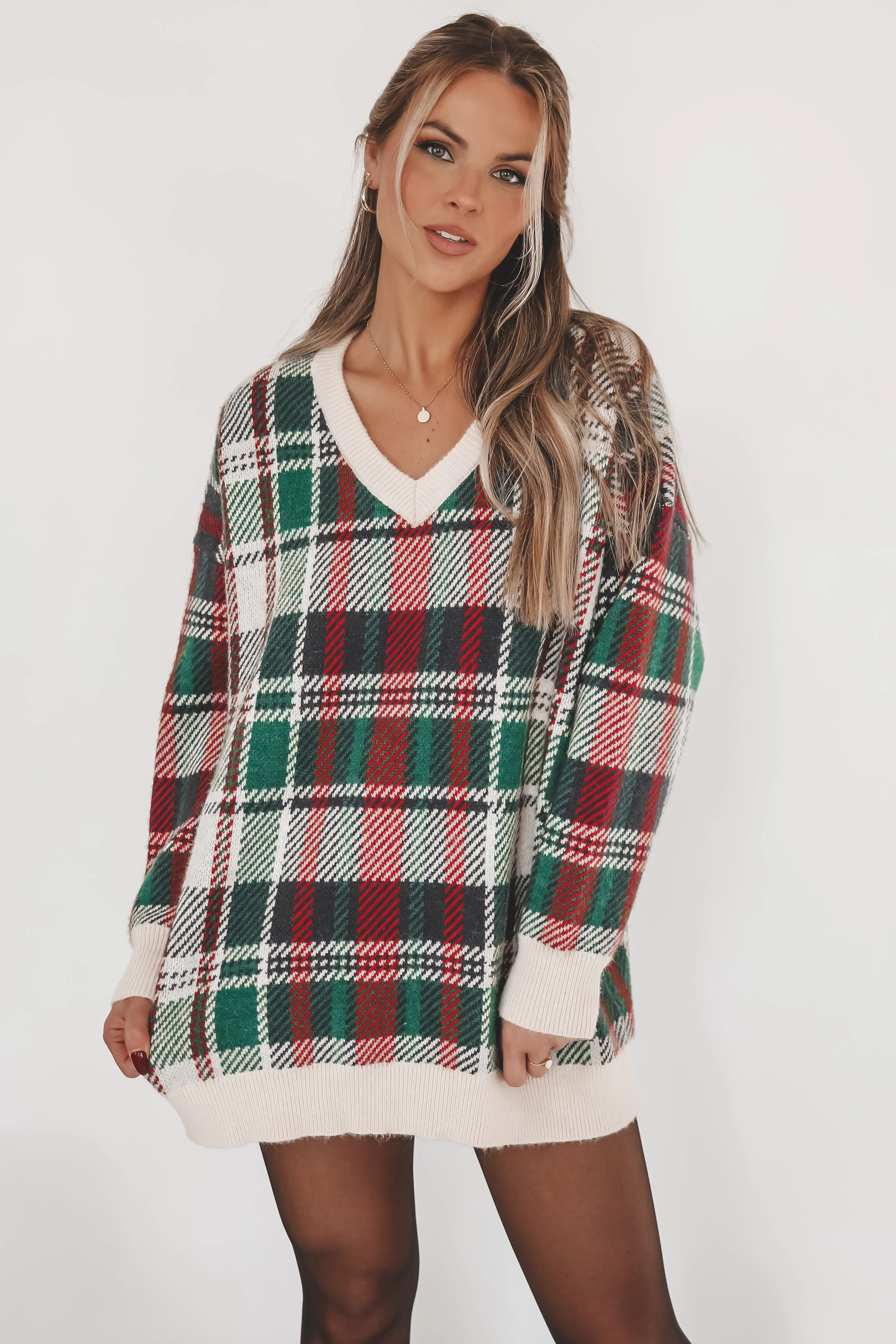 PRE-ORDER SHIPS 12/1 Feeling Festive And Fine Red And Green Holiday Plaid Sweater Dress