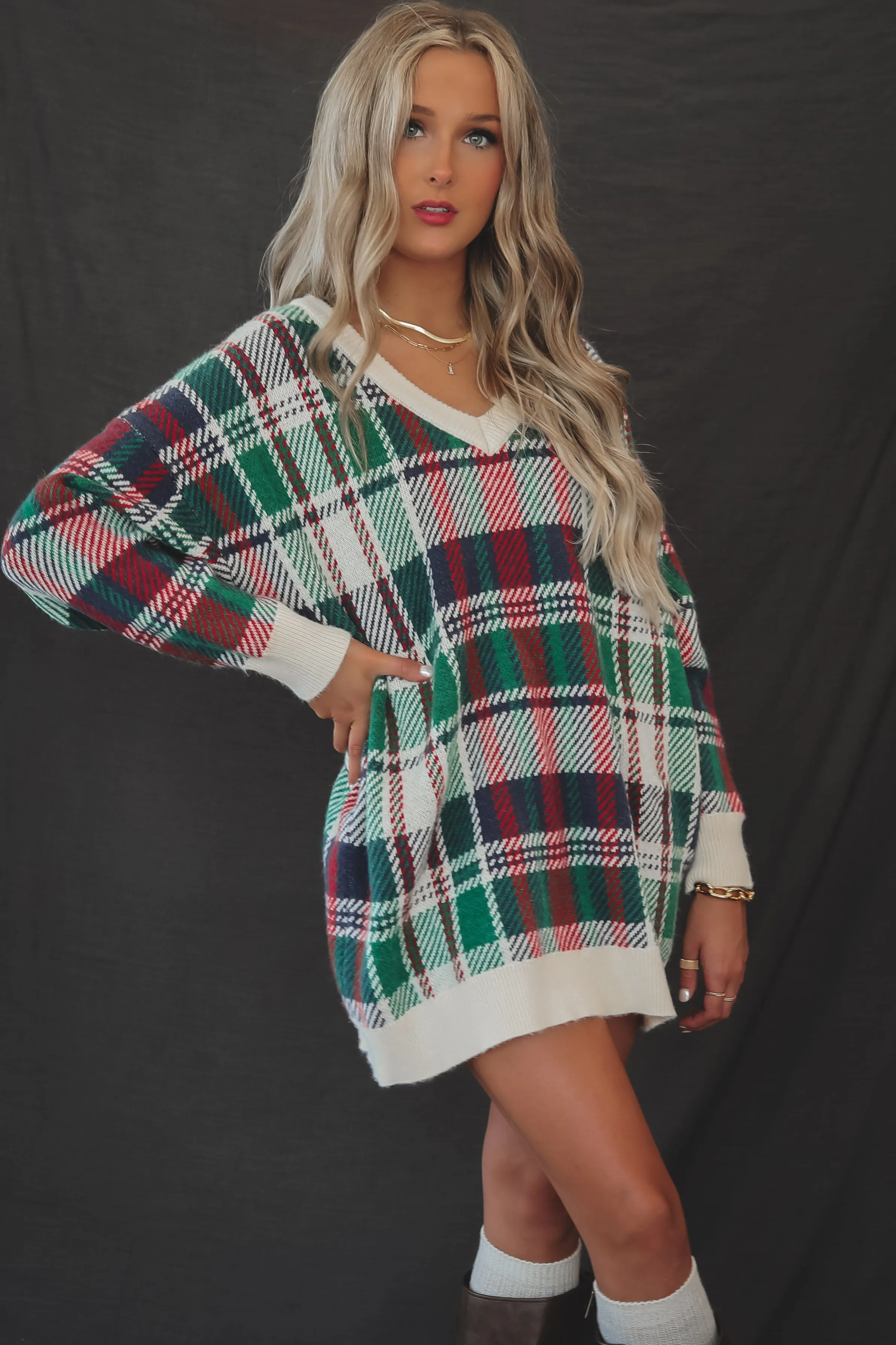 PRE-ORDER SHIPS 12/1 Feeling Festive And Fine Red And Green Holiday Plaid Sweater Dress