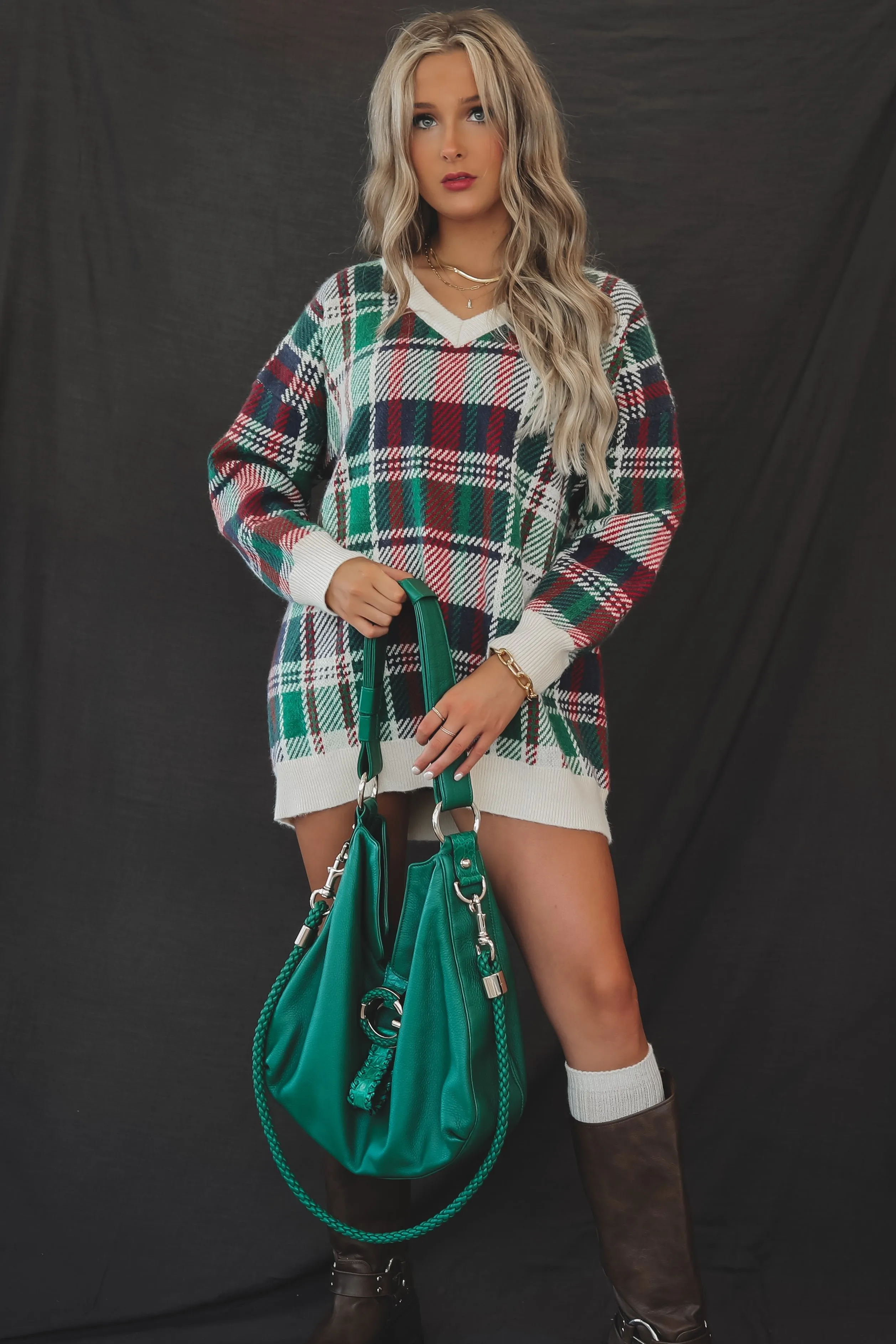 PRE-ORDER SHIPS 12/1 Feeling Festive And Fine Red And Green Holiday Plaid Sweater Dress