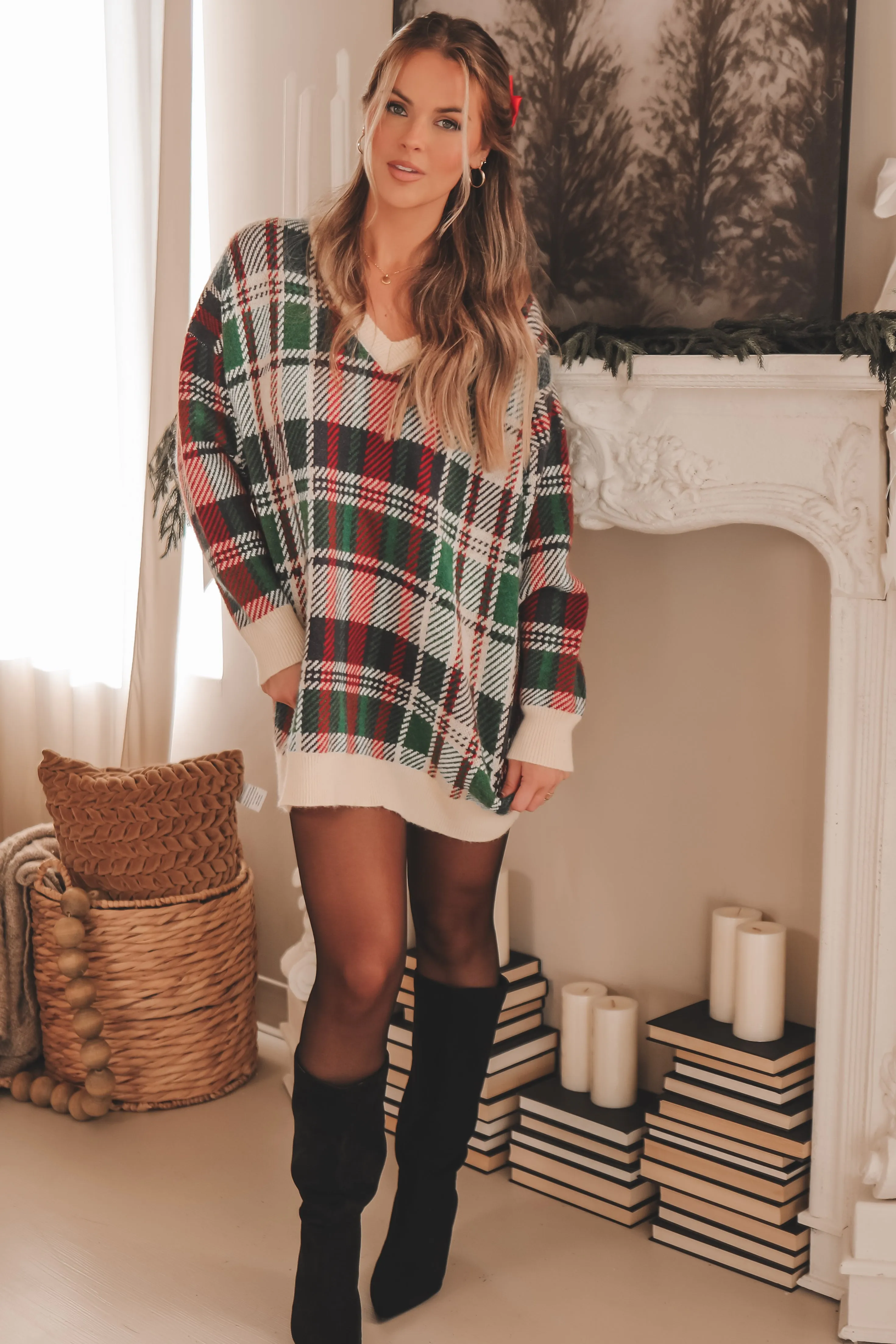 PRE-ORDER SHIPS 12/1 Feeling Festive And Fine Red And Green Holiday Plaid Sweater Dress