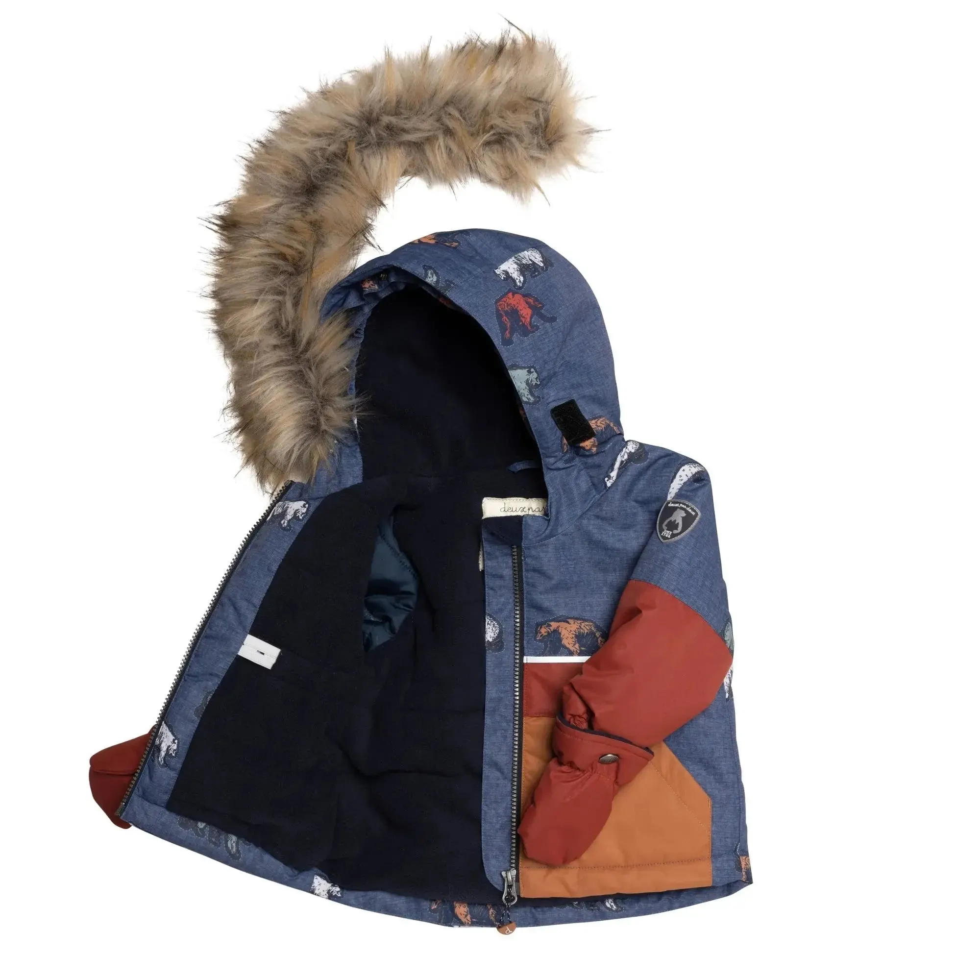 Printed Grizzlys Two Piece Boys Snowsuit Navy Blue And Brown | DEUX PAR DEUX