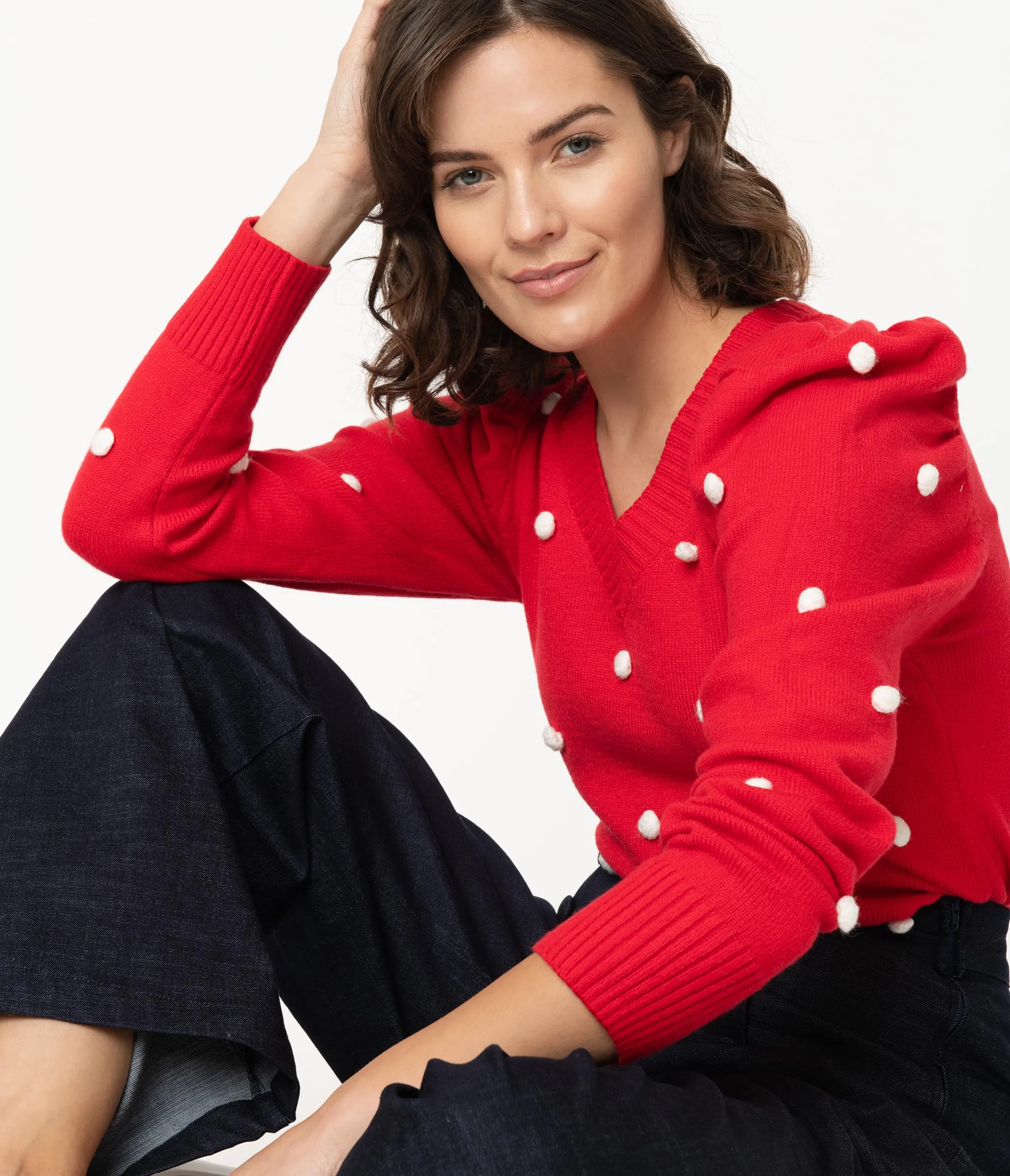 Red & White Pom Pom Polka Dot Sweater