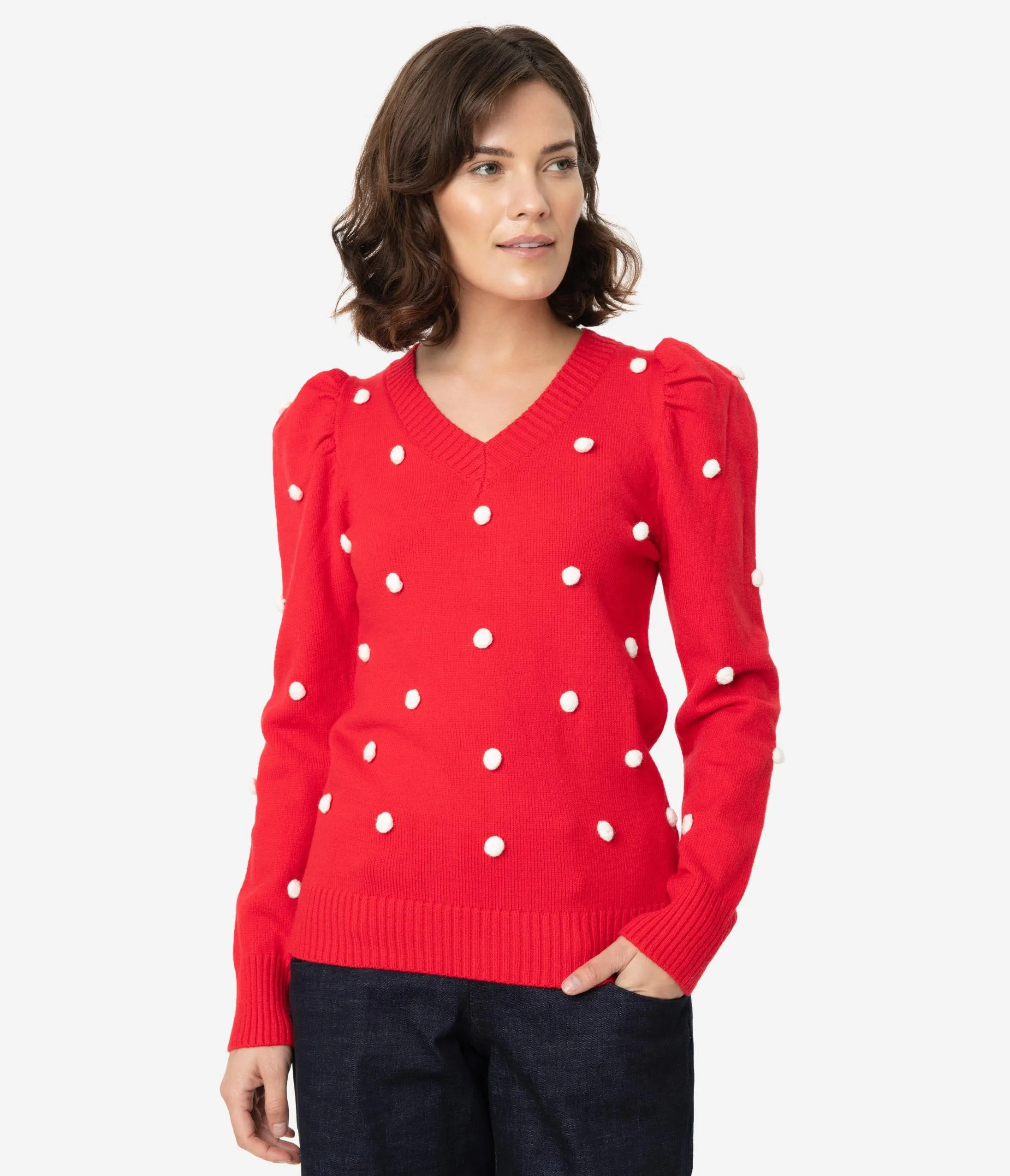 Red & White Pom Pom Polka Dot Sweater