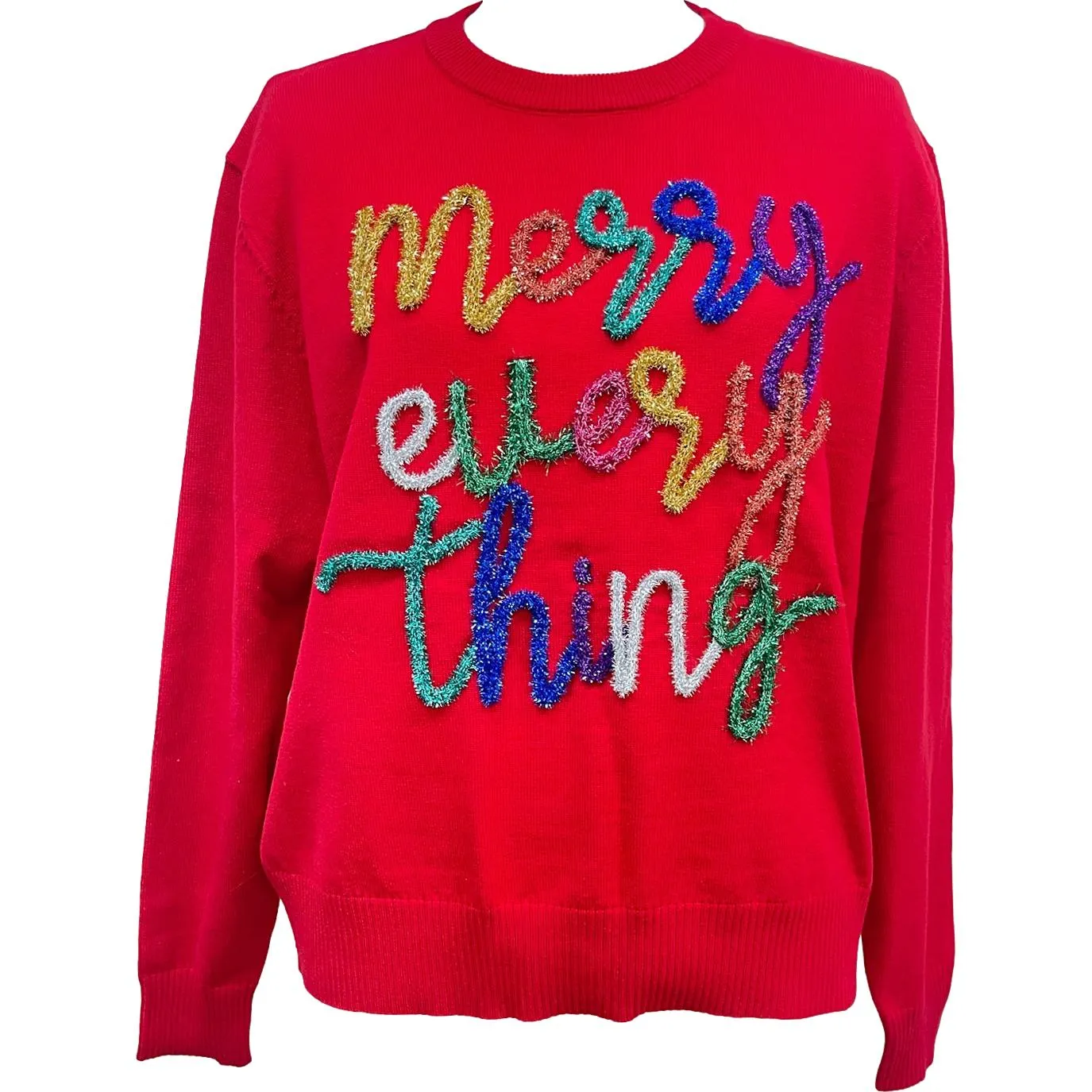 Red Merry Everything Glitter Script Sweater- Women's