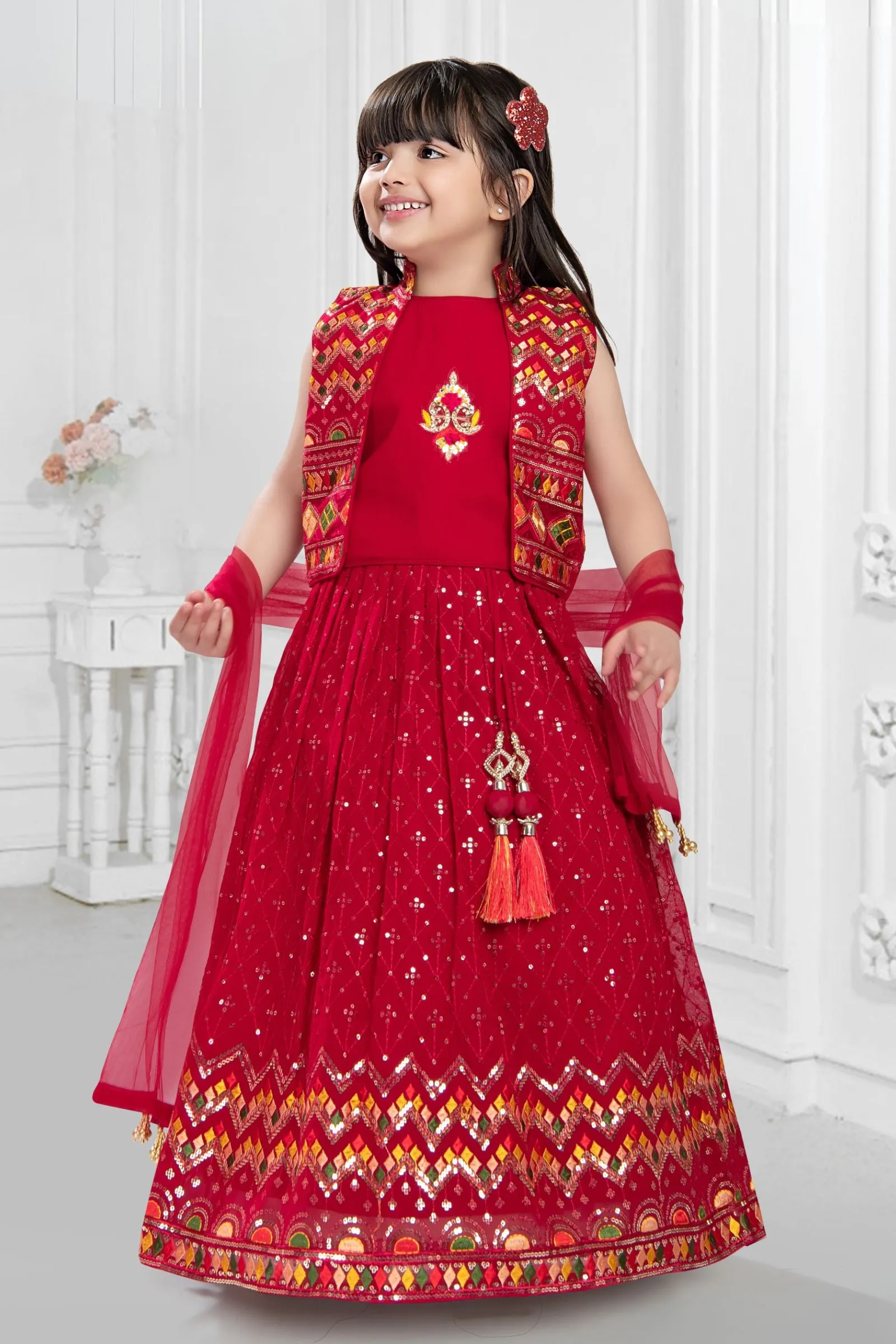 Red Multicolor Embroidery work Overcoat Styled Lehenga Choli for Girls